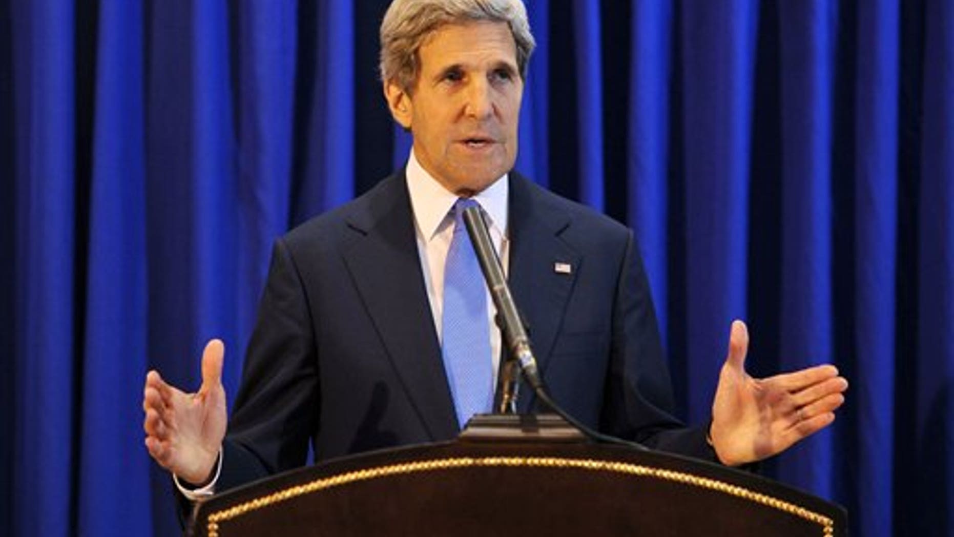 July 19, 2013 - U.S. Secretary of State John Kerry speaks during a press conference at Queen Alia International Airport. Kerry says Israel and the Palestinians will meet soon in Washington to finalize an agreement on relaunching peace negotiations for the first time in five years.