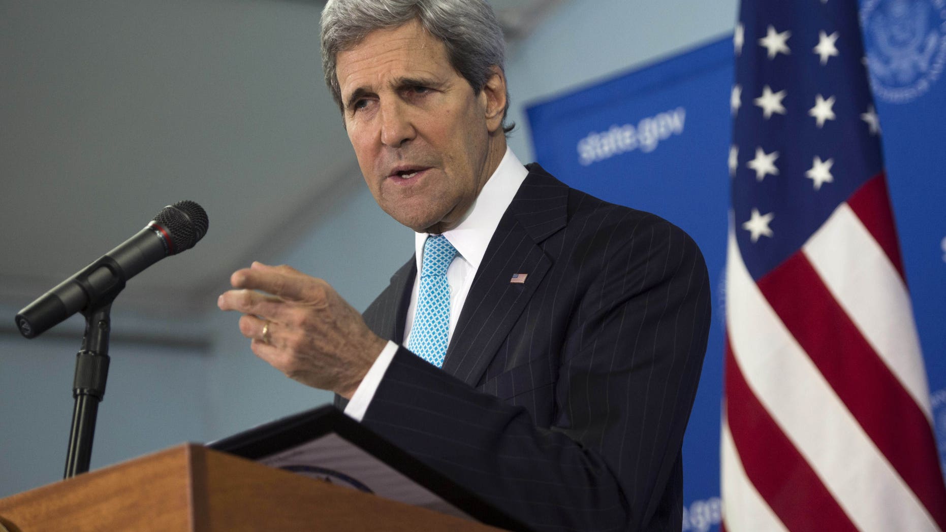 May 2, 2014: US Secretary of State John Kerry speaks during a press conference at the US embassy in Juba, South Sudan.