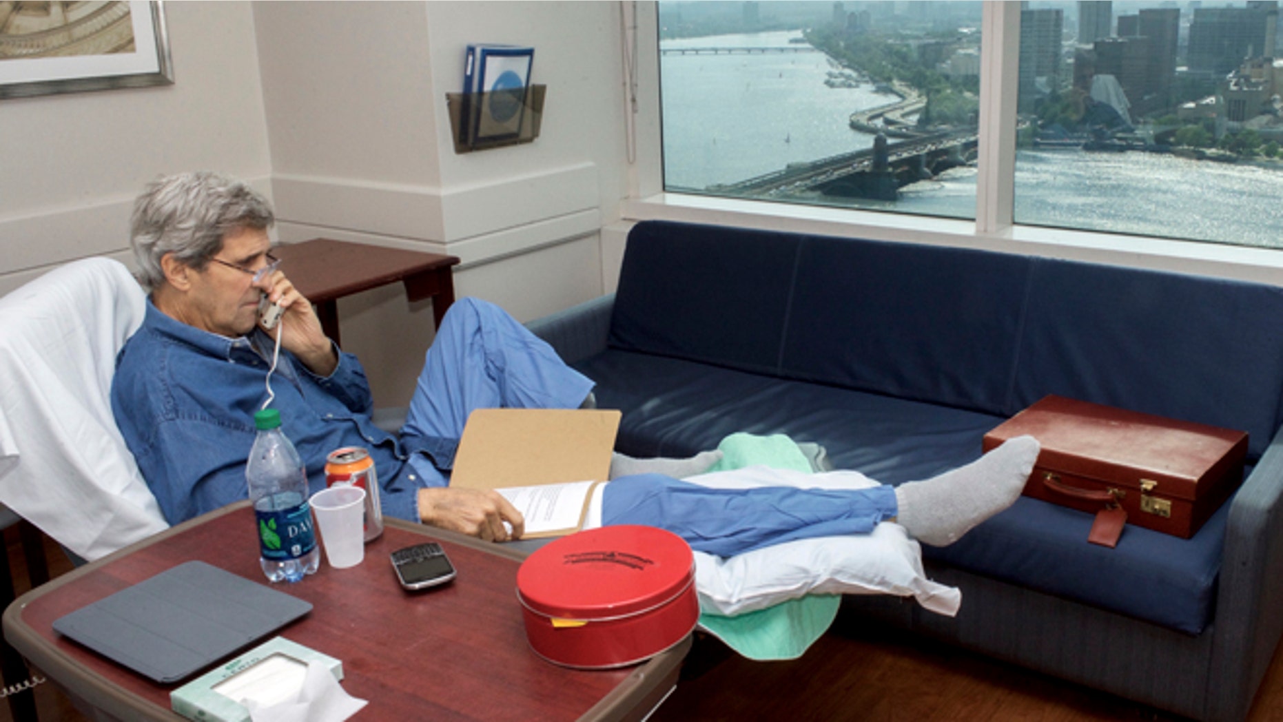 June 9, 2015: Secretary of State John Kerry speaks on Tuesday, June 9, 2015, to National Security Adviser Susan Rice from his hospital room at Massachusetts General Hospital in Boston.