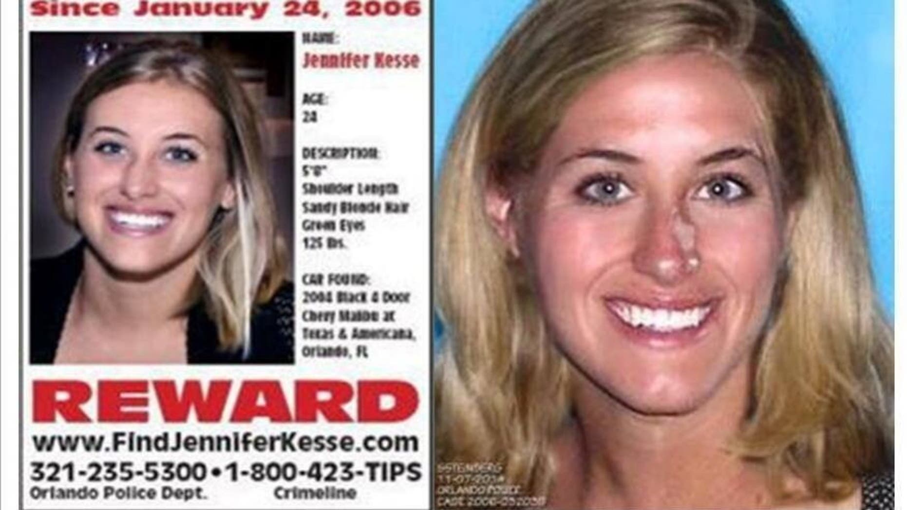Jennifer Kesse is pictured on the left at age 24. Investigators age-progressed her image in 2016, pictured right, to show what she would look like 10 years later.