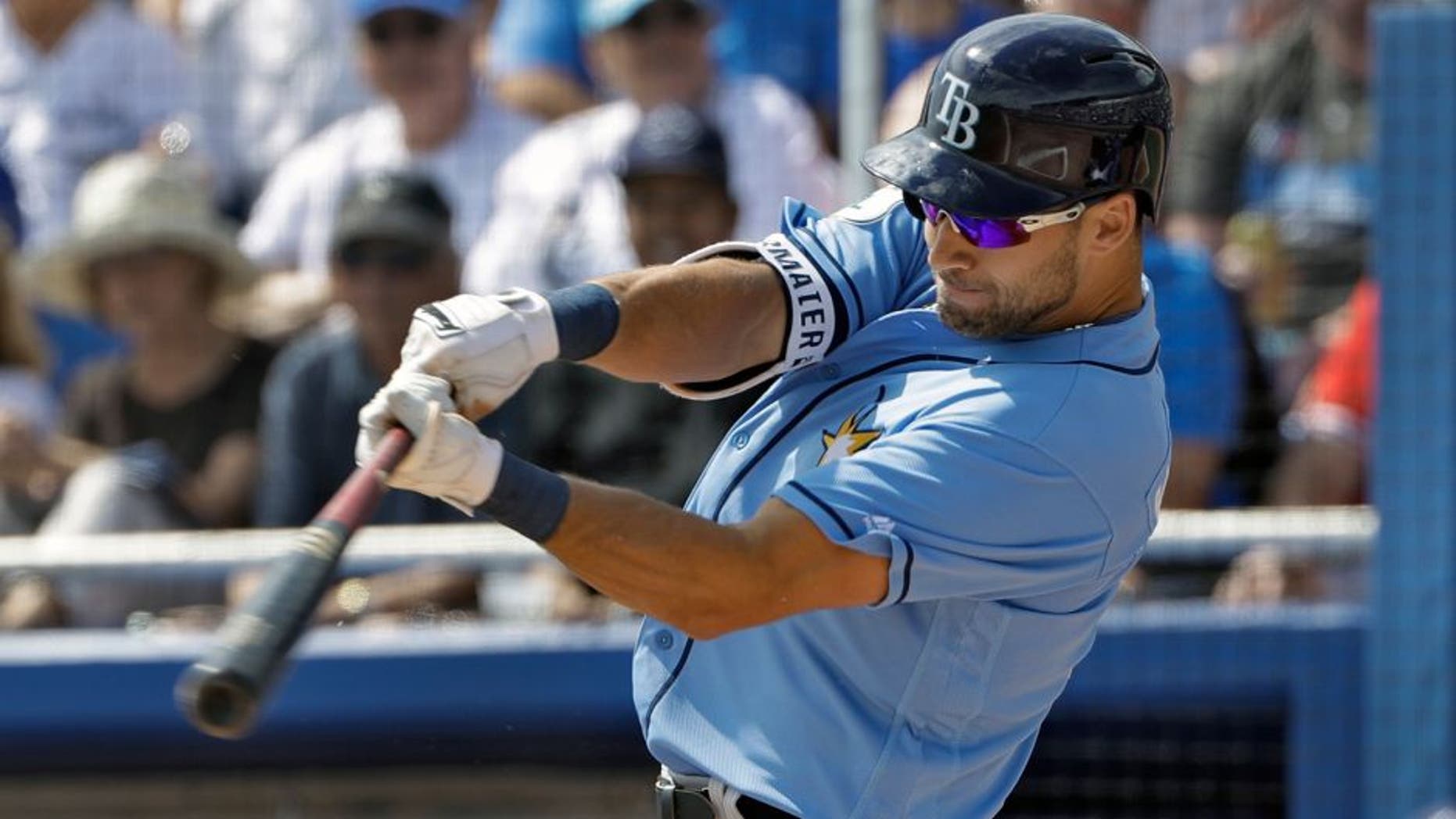 Tampa Bay Rays' Kevin Kiermaier connects for a double off Toronto Blue Jays starting pitcher Marcus Stroman during the first inning of a spring training baseball game Sunday, March 5, 2017, in Dunedin, Fla. (AP Photo/Chris O'Meara)