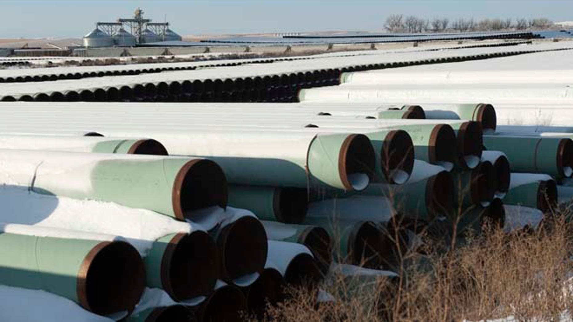 This Nov. 14, 2014 photo shows a depot used to store pipes for Transcanada Corp's planned Keystone XL oil pipeline in Gascoyne, N.D.
