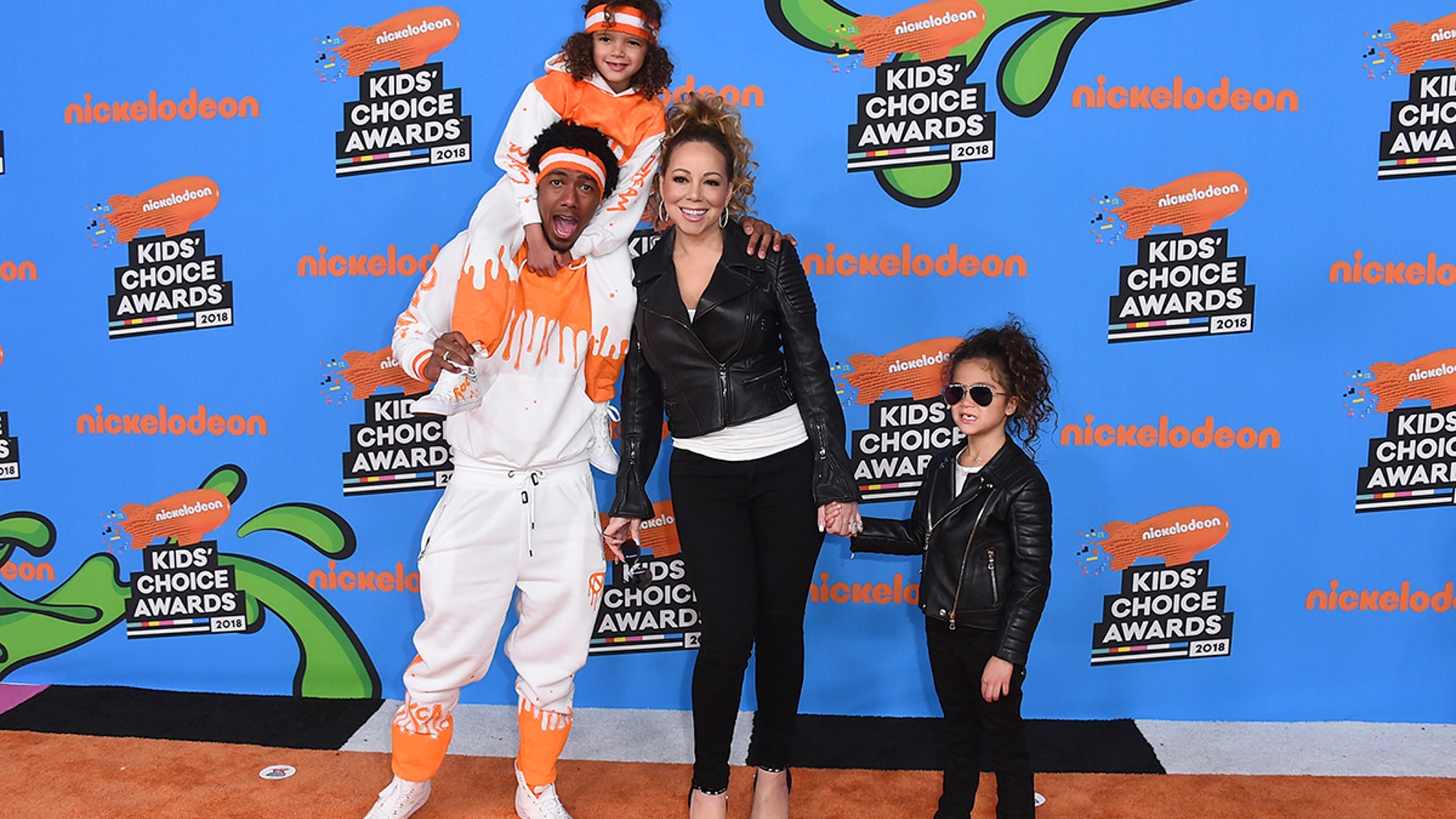 Nick Cannon, center left, Mariah Carey, center right, and from left, their children Moroccan and Monroe arrive at the Kids' Choice Awards at The Forum on Saturday, March 24, 2018, in Inglewood, Calif. (Photo by Jordan Strauss/Invision/AP)