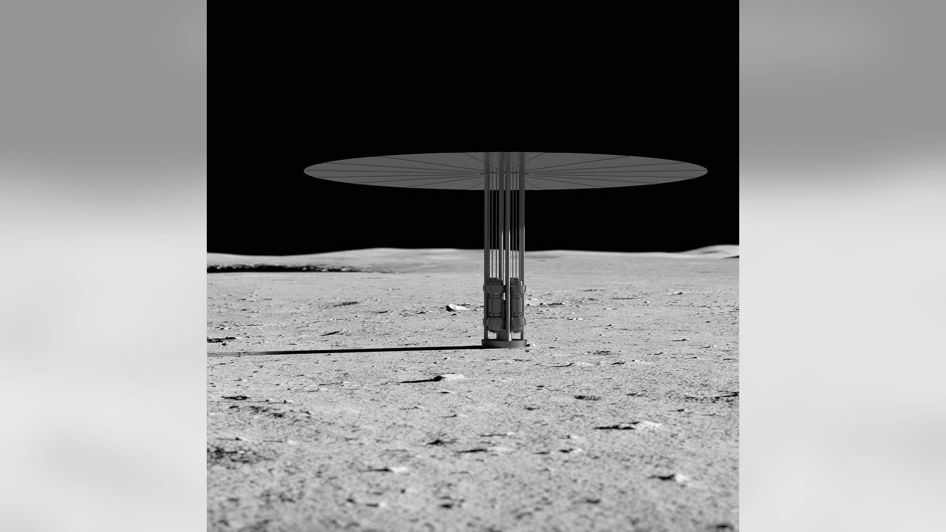 An artist's rendering of a Kilopower nuclear power plant on the surface of the moon. The prominent heat radiator makes it look like a beach umbrella. The actual unit will have cables carrying electricity away from the reactor.