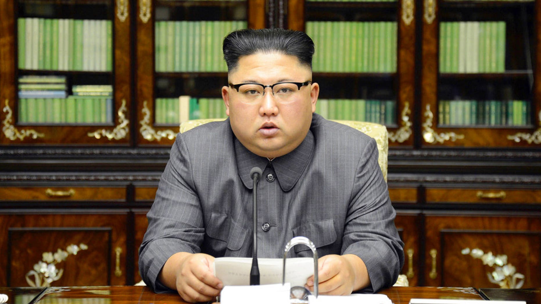 In this Thursday, Sept. 21, 2017, photo distributed on Friday, Sept. 22, 2017, by the North Korean government, North Korean leader Kim Jong Un delivers a statement in response to U.S. President Donald Trump's speech to the United Nations, in Pyongyang, North Korea. Kim, in an extraordinary and direct rebuke, called Trump "deranged" and said he will "pay dearly" for his threats, a possible indication of more powerful weapons tests on the horizon. Independent journalists were not given access to cover the event depicted in this image distributed by the Korean Central News Agency via Korea News Service. The content of this image is as provided and cannot be independently verified. (Korean Central News Agency/Korea News Service via AP)
