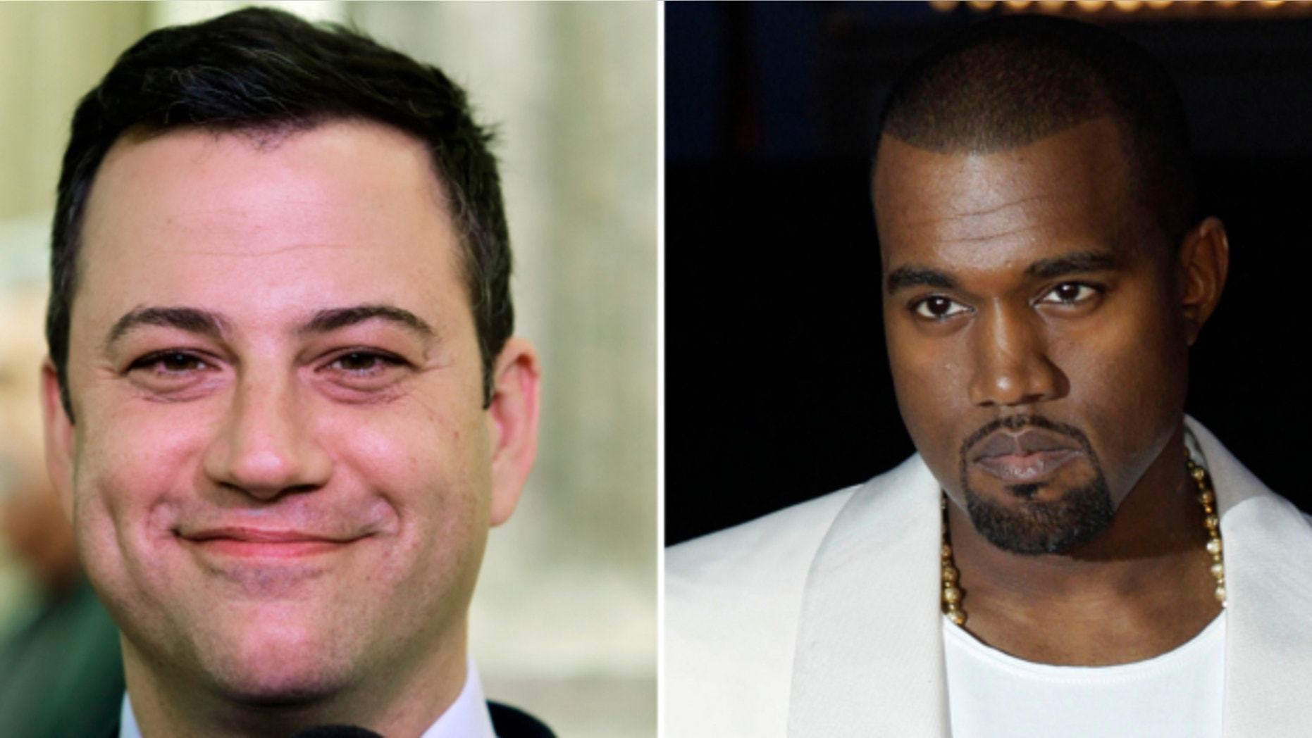 FILE: This combo of photos shows Jimmy Kimmel and Kanye West. West appeared on "Jimmy Kimmel Live" Wednesday night Oct. 9, 2013 to discuss his feud with Kimmel.