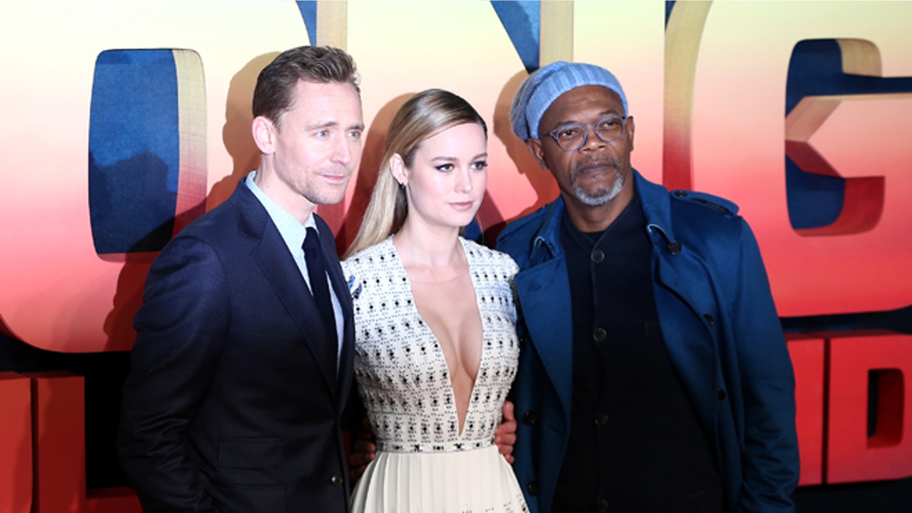 Actors Tom Hiddleston (L), Brie Larson (C) and Samuel L Jackson pose for photographers at the European Premiere of Kong: Skull Island in London, Britain February 28, 2017. REUTERS/Neil Hall - RTS10UDN