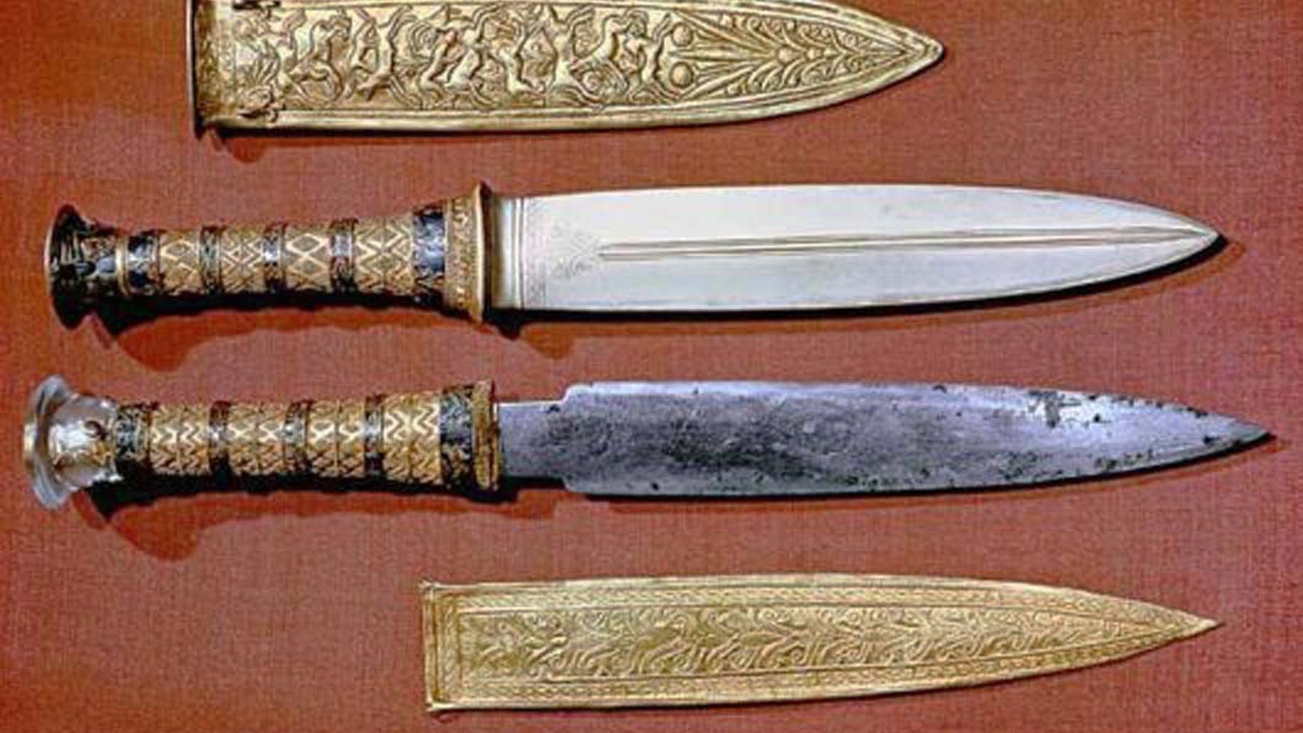 The iron dagger found in the tomb of the Egyptian pharaoh Tutankhamun dates to around 1350 B.C., about 200 years before the Iron Age.