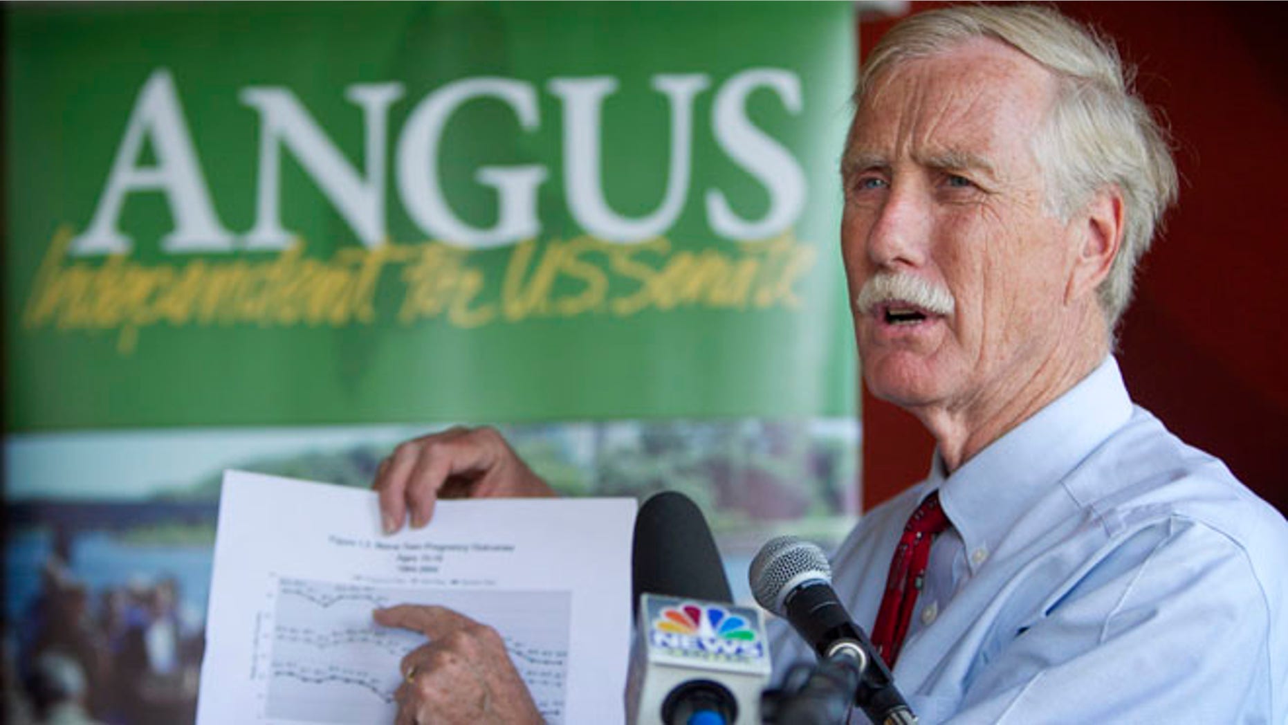 FILE: Aug. 17, 2011: Maine independent Senate candidate Angus King speaks at a news conference in Brunswick, Maine.