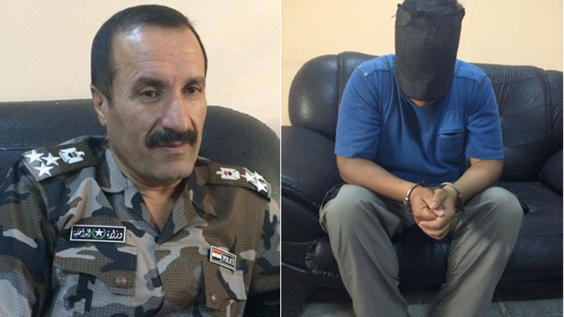 Former ISIS fighter Thahir Sahab Jamel, (r.), claims to disavow the terror group, but Kirkuk Police Brig. Gen. Sarhad Qader Mohammad, (l.), said such conversions are common among prisoners facing hanging.