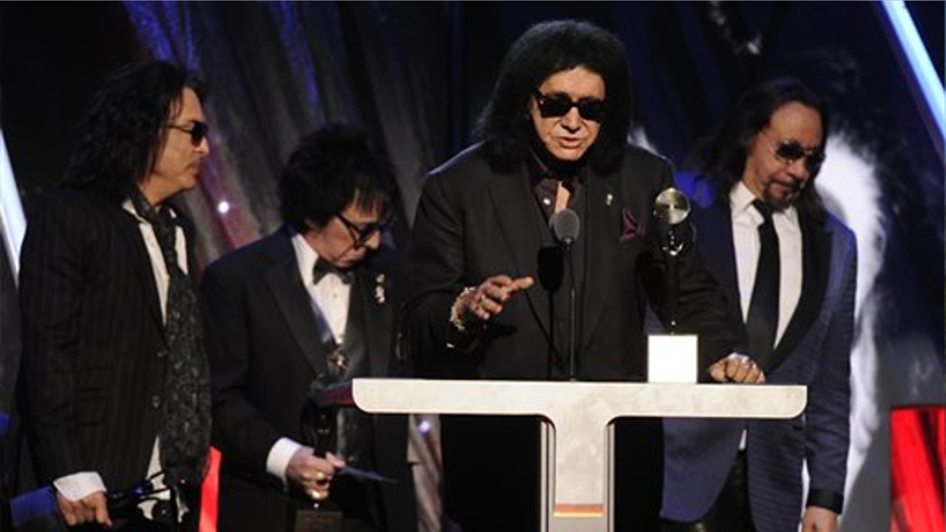 April, 10, 2014: Hall of Fame Inductees, KISS, Paul Stanley, Peter Criss, Gene Simmons, and Ace Frehley speak at the 2014 Rock and Roll Hall of Fame Induction Ceremony in New York.