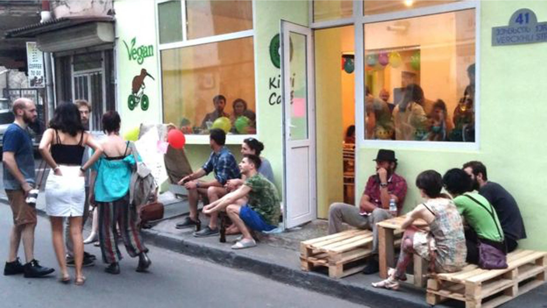 This undated image shows patrons outside the Kiwi Cafe in Tiblisi, Georgia