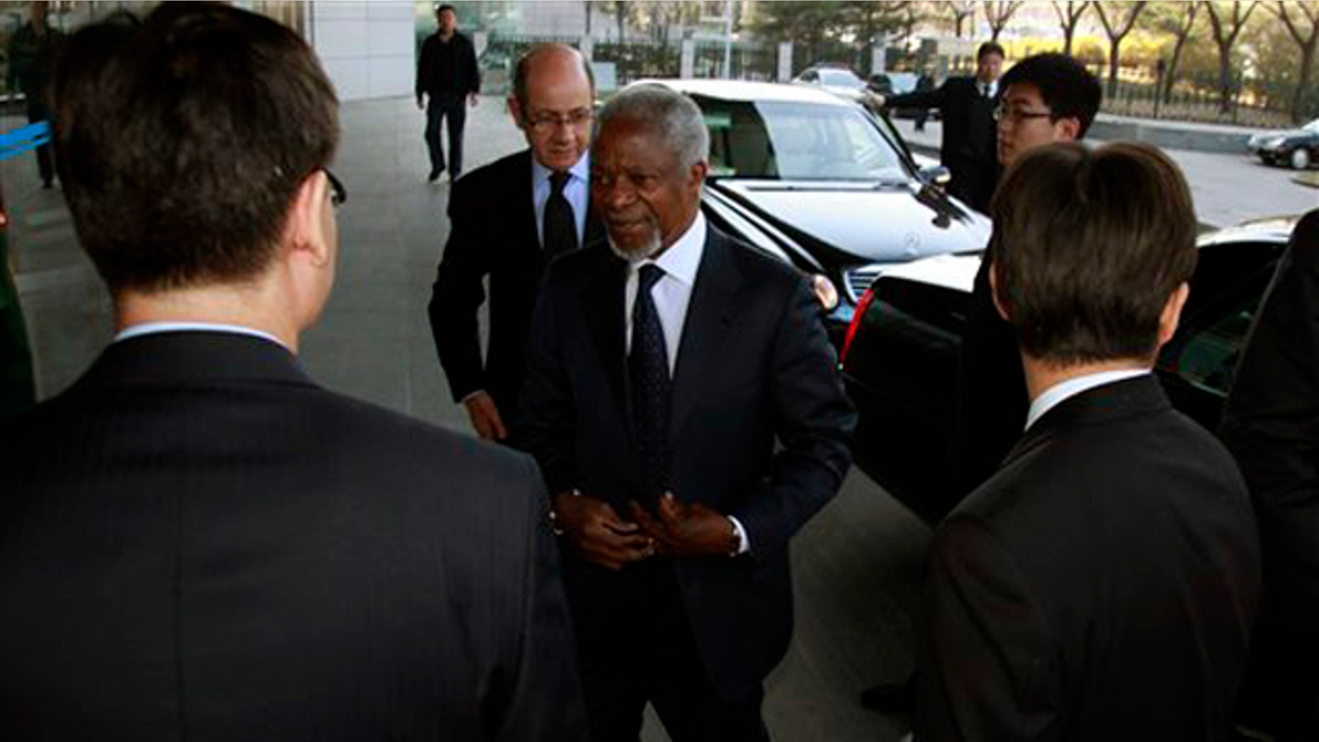 March 27, 2012: U.N.- Arab League envoy to Syria Kofi Annan arrives at the Chinese Ministry of Foreign Affairs for talks in Beijing, China.