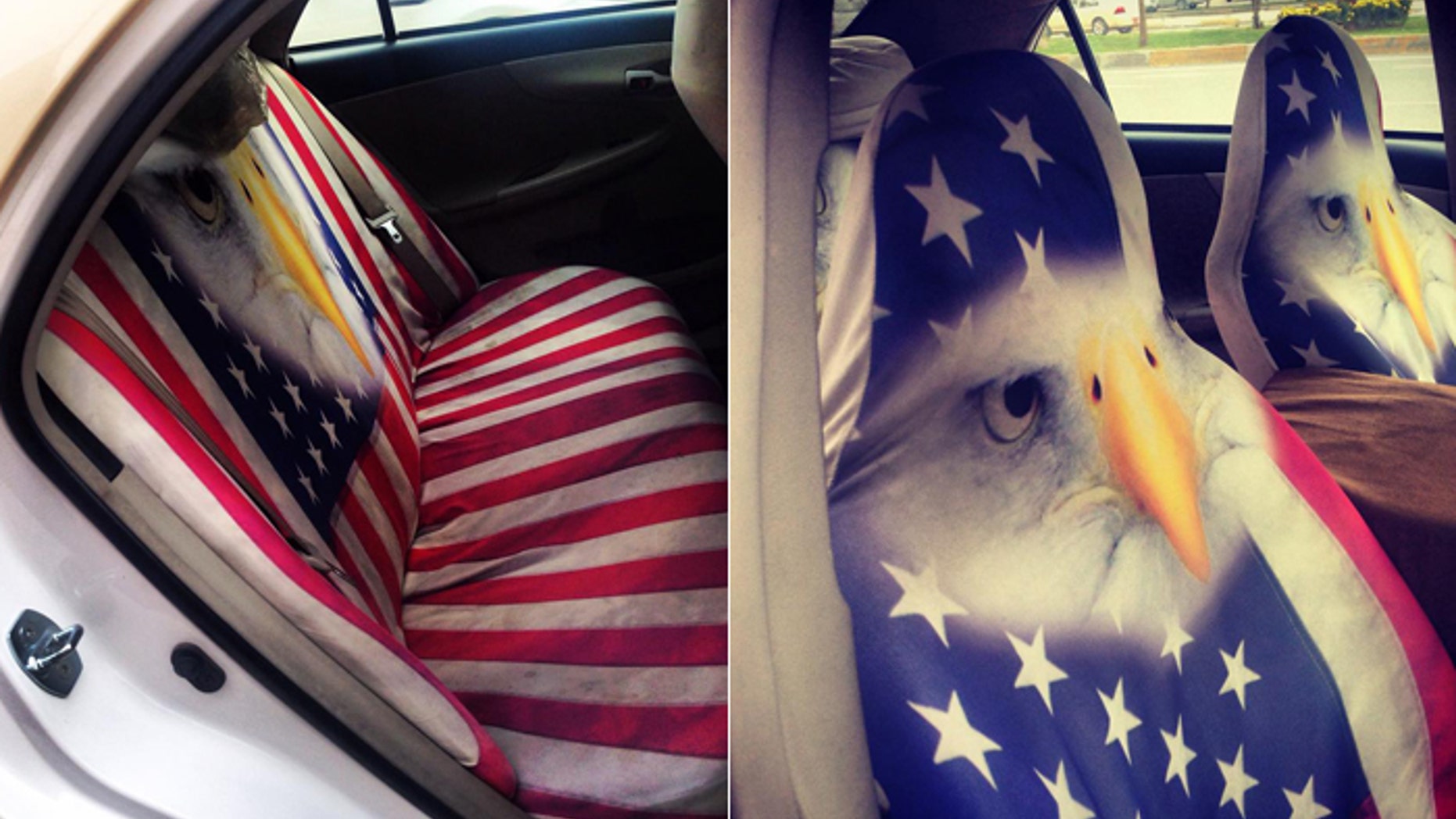 The American flag is seen everywhere, even on the backseats of taxicabs. Here, the American Bald Eagle decorates the front seats. (FoxNews.com)