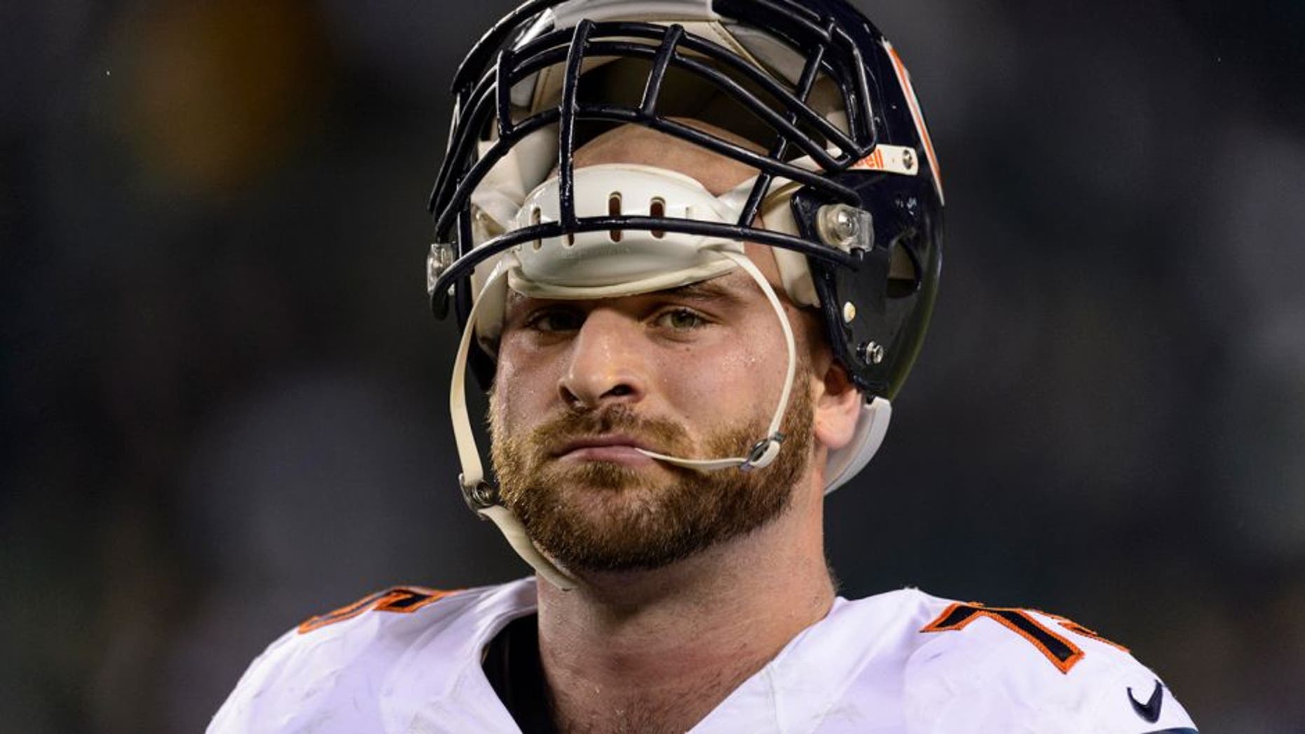 Dec 22, 2013; Philadelphia, PA, USA; Chicago Bears guard Kyle Long (75) along the sidelines prior to playing the Philadelphia Eagles at Lincoln Financial Field. The Eagles defeated the Bears 54-11. Mandatory Credit: Howard Smith-USA TODAY Sports