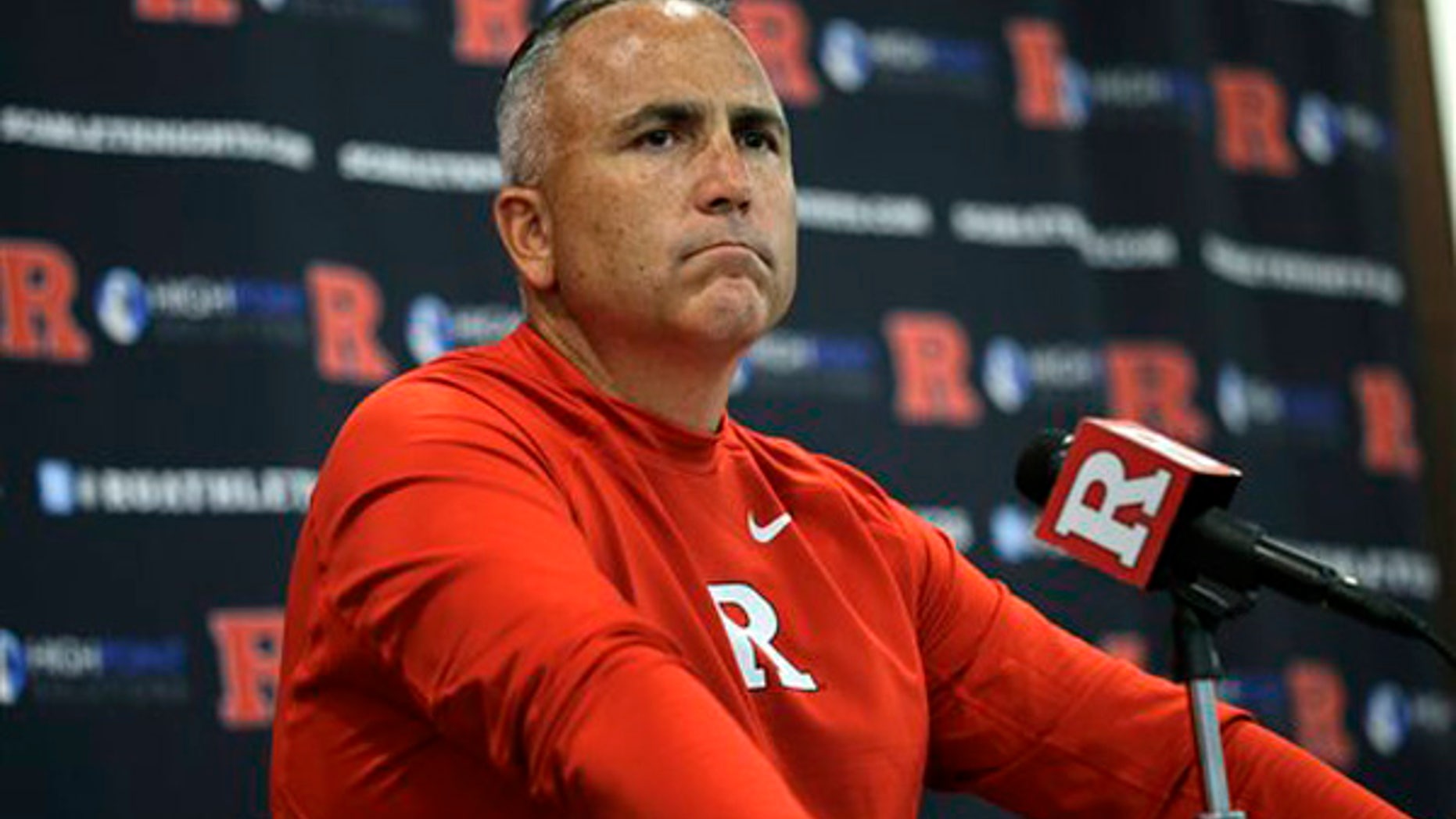 Sept. 5, 2015: Rutgers head coach Kyle Flood listens to a question as he addresses the media after his team defeated Norfolk State, 63-13 in an NCAA college football game in Piscataway, N.J.
