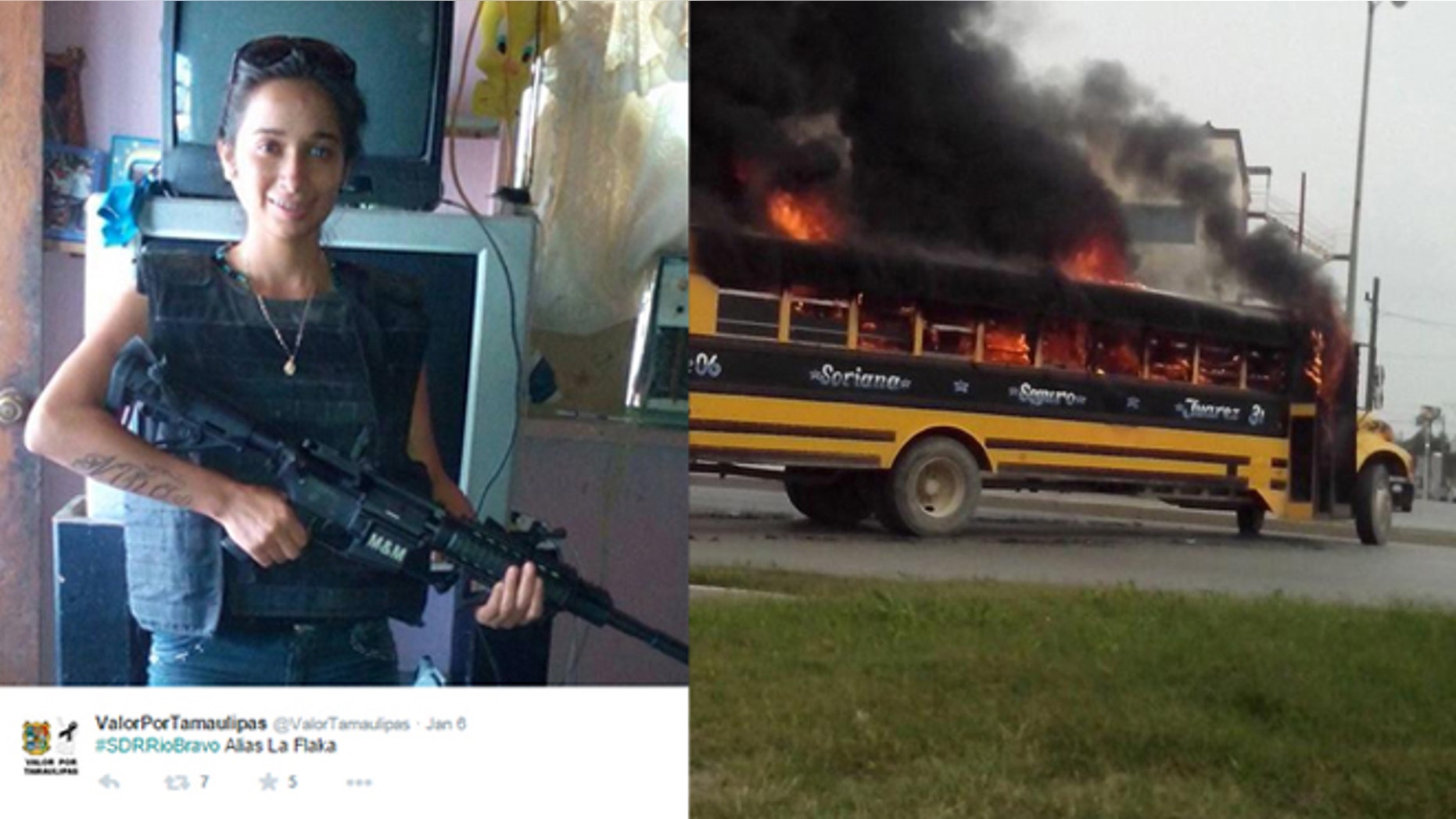 Cartel assassin Joselyn Alejandra Niño, "La Flaca," was found dismembered in a cooler. "La Flaca" is seen posing with an assault rifle on social media by Valor Por Tamaulipas. On the right, a school bus blazes on a street of Reynosa, Tamaulipas state, Mexico on April 17, 2015. Gunfights erupted in broad daylight on Friday in a Mexican city across the US border and vehicles were torched, apparently in reaction to a drug cartel leader's arrest, officials said.
