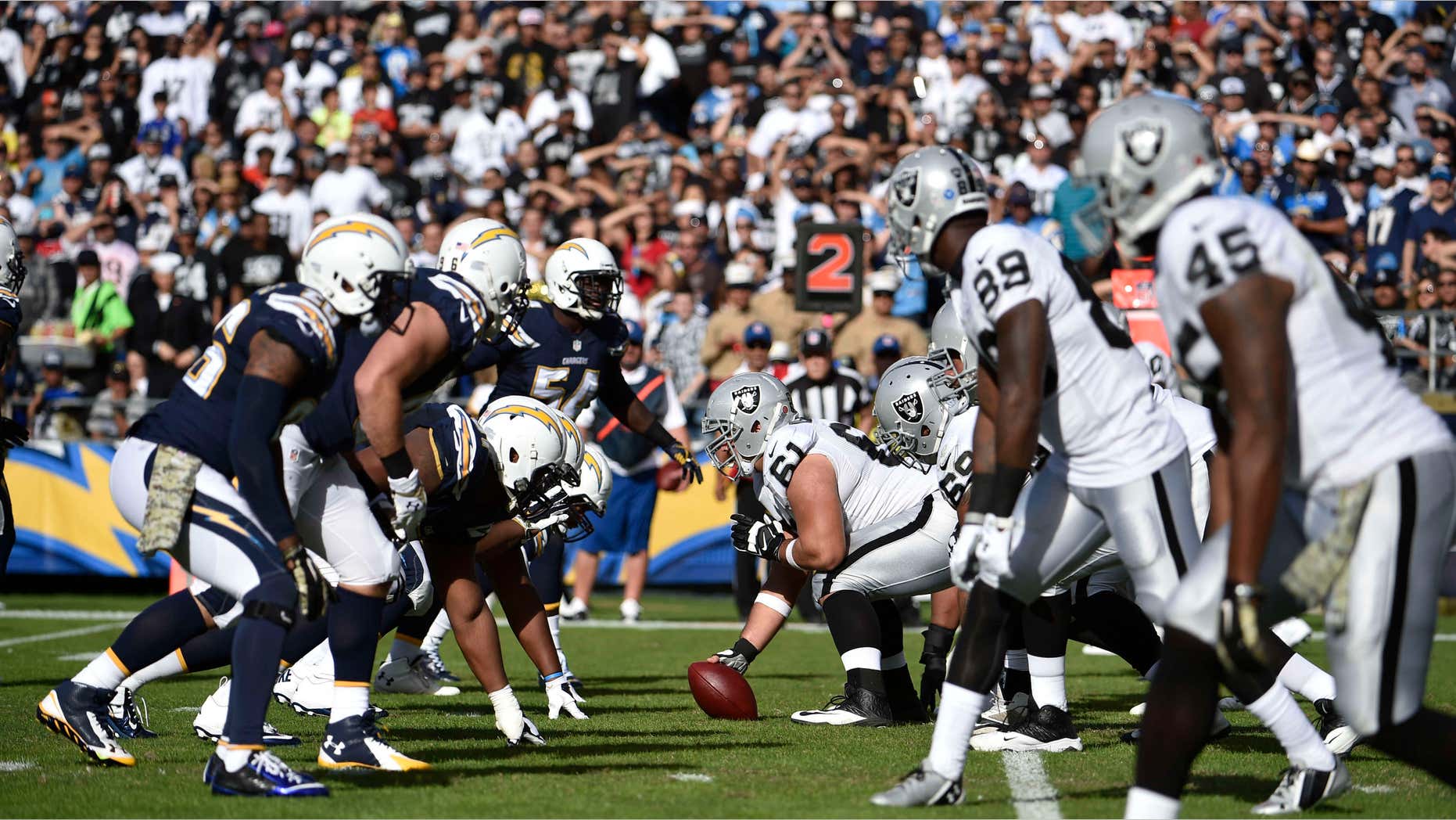 Nov. 16, 2014: The Oakland Raiders and San Diego Chargers face off against each other during the second half of an NFL football game in San Diego.
