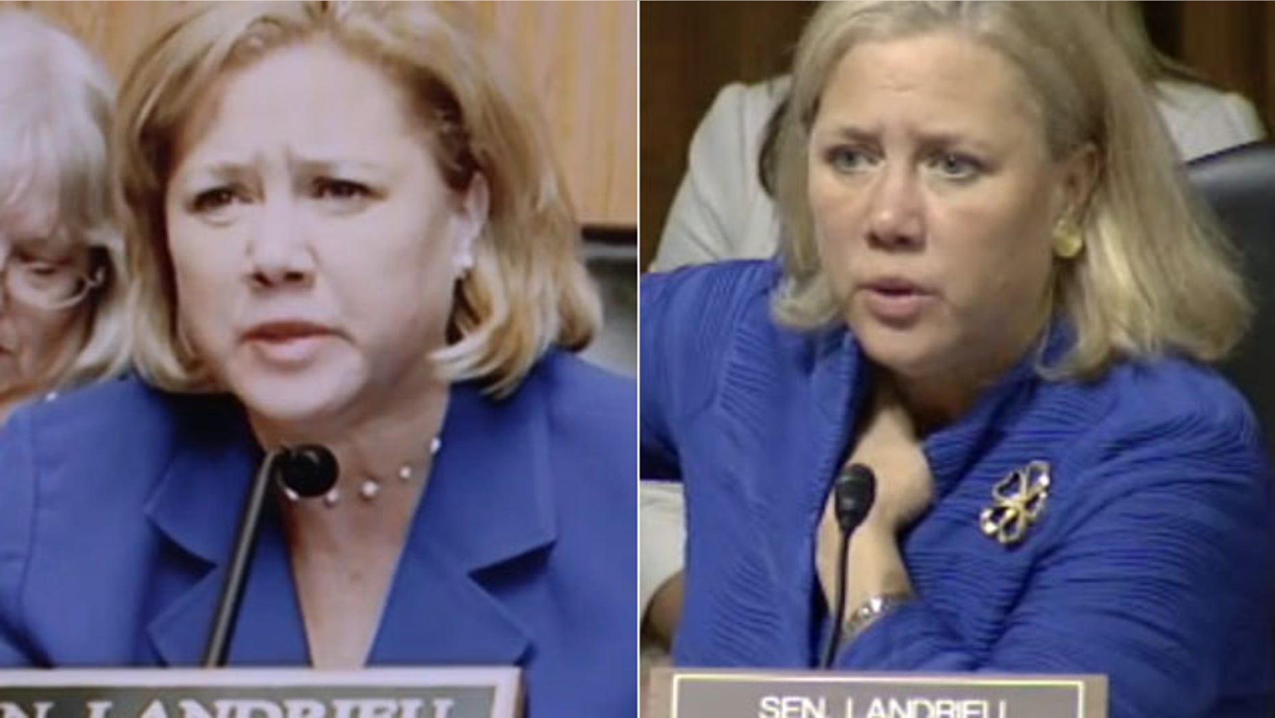 Sen. Mary Landrieu in her campaign ad, left, and at a congressional hearing.