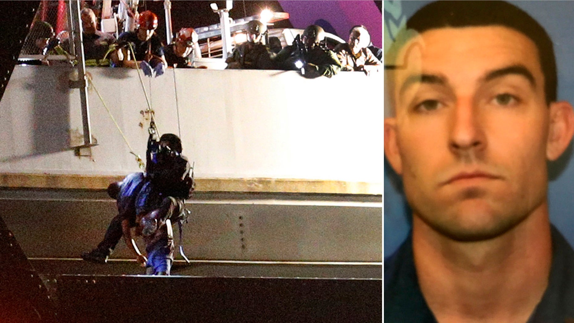 Jan. 20, 2017: Sylvester Holt, left, is lifted off the ledge of the Crescent City Connection by an officer. Holt was wanted for the shooting of his wife and Westwego police officer Michael Louviere, right.
