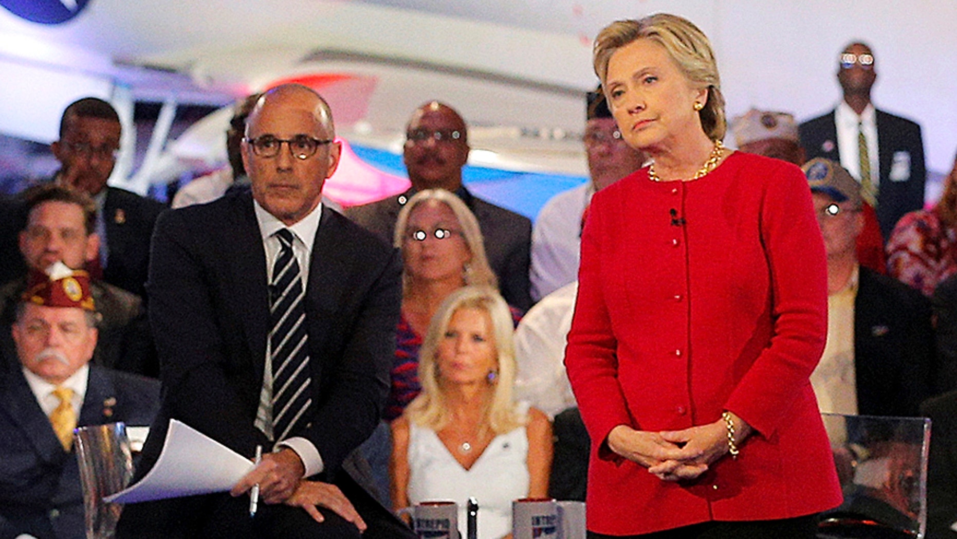 U.S. Democratic presidential candidate Hillary Clinton speaks at a presidential candidates "Commander-in-Chief" forum, moderated by Matt Lauer (L), aboard the decommissioned aircraft carrier "Intrepid" in New York, New York, United States September 7, 2016.