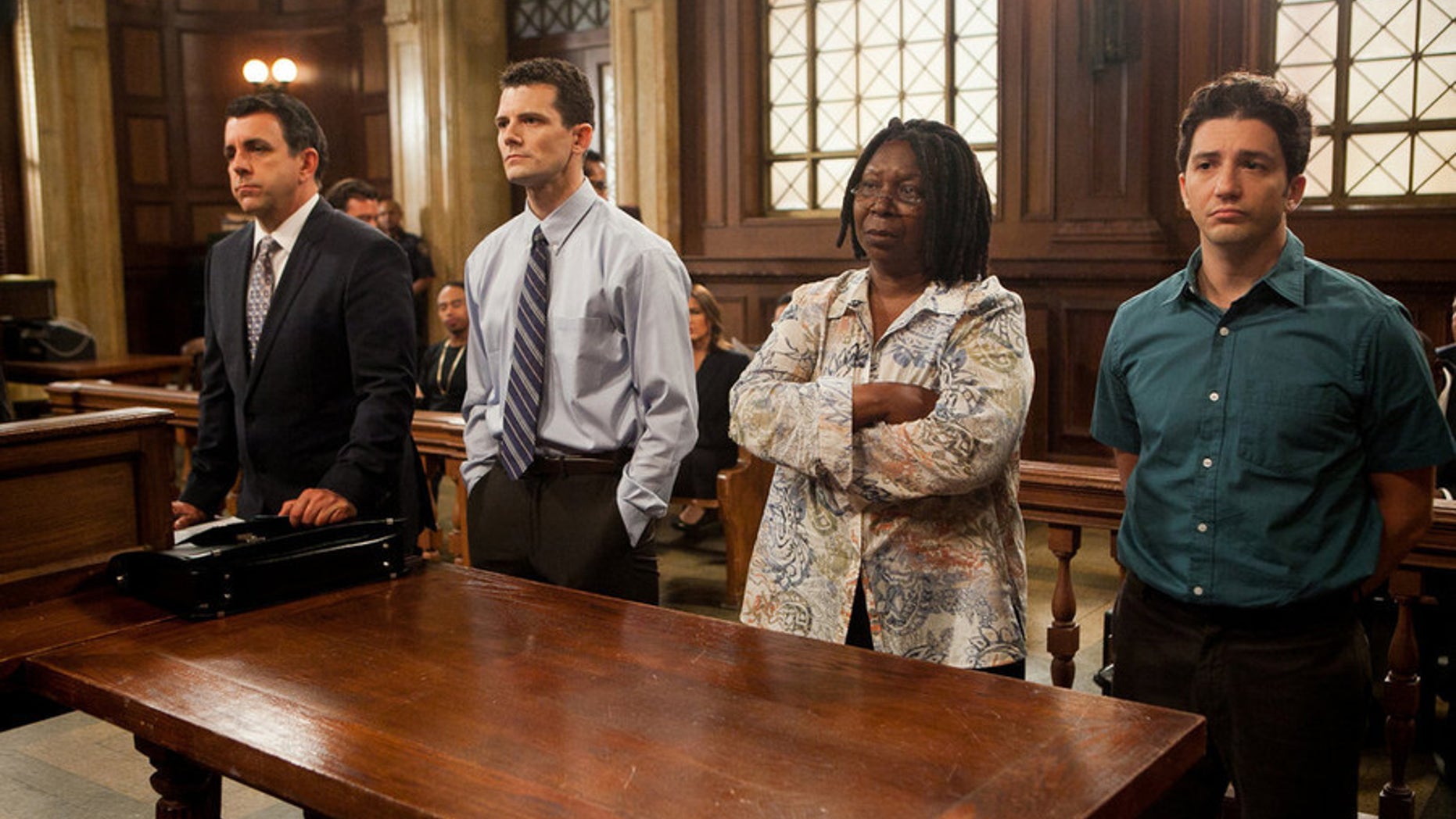 LAW & ORDER: SPECIAL VICTIMS UNIT -- "Institutional Fail" Episode 17004 -- Pictured: (l-r) Joseph Lyle Taylor as Counselor D'Angelo, Josh Marcantel as Dale Sheridan, Whoopi Goldberg as Janette Garner, John Magaro as Keith Adkins -- (Photo by: Tom Zubak/NBC)