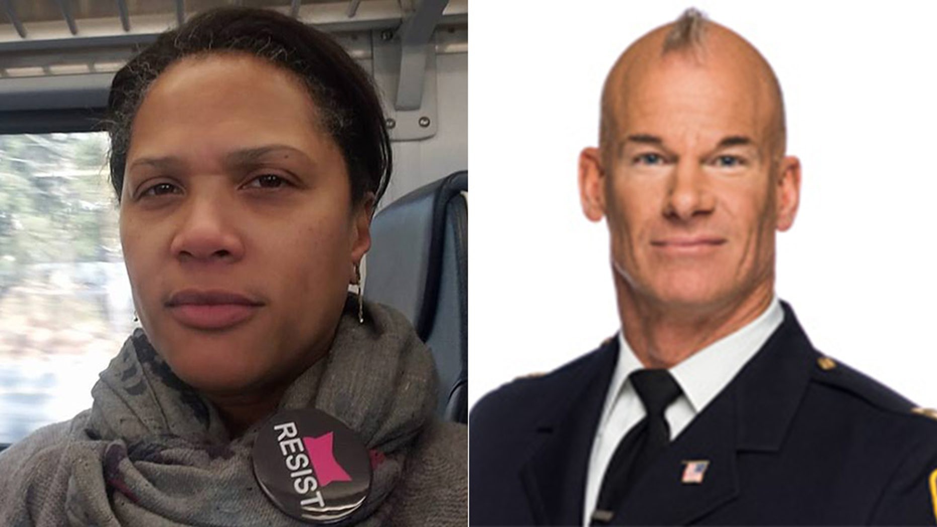 Stephanie Lawson-Muhammad says she has apologized to South Orange Police Chief Kyle Kroll, right, who she was heard calling a 'skinhead' in a video that emerged after she was pulled over for speeding on April 27.