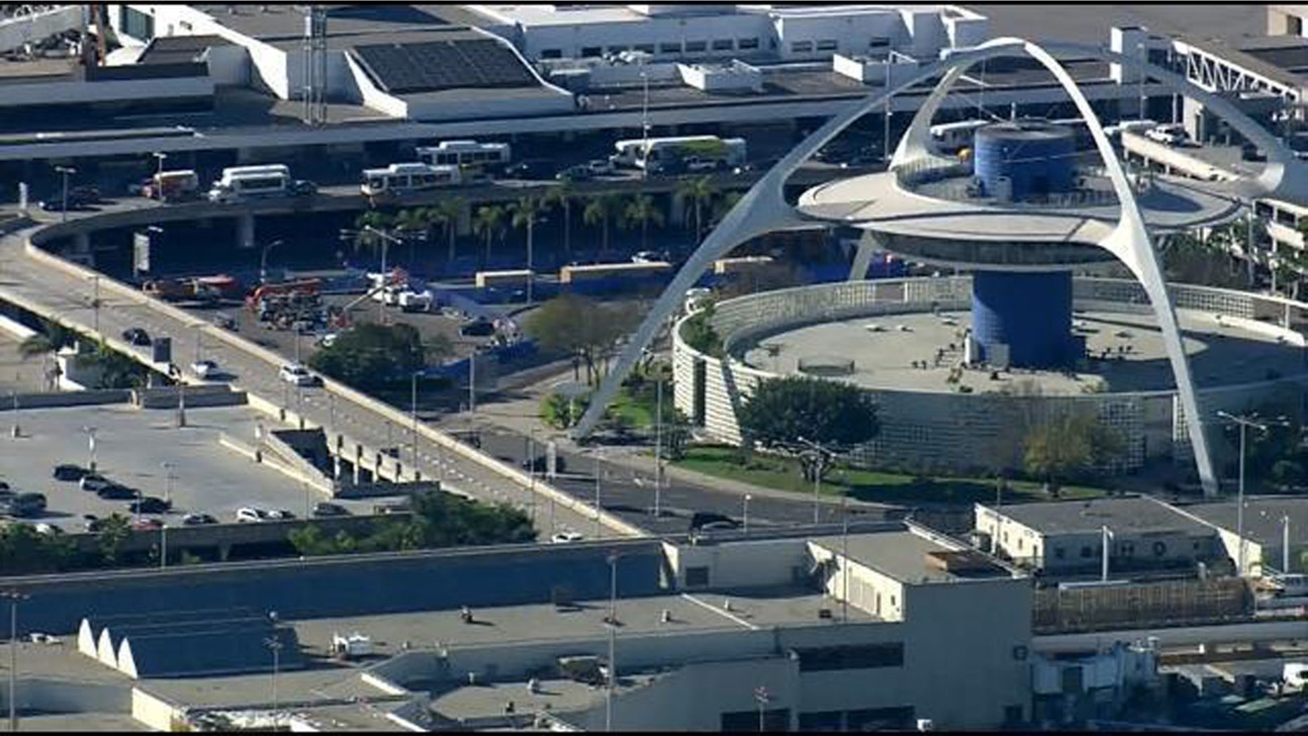This undated photo shows an aerial view of the main terminal at Los Angeles International Airport