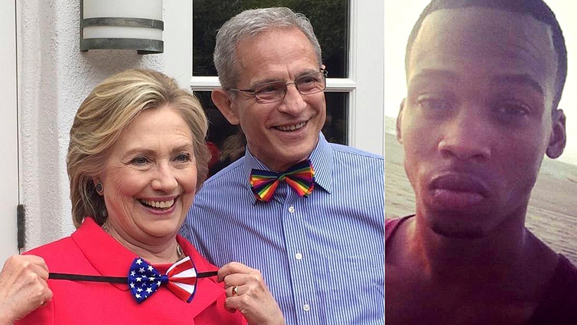 Democratic donor Ed Buck is seen with Hillary Clinton in 2016. Gemmel Moore, who died inside Buck's home, is seen at right.