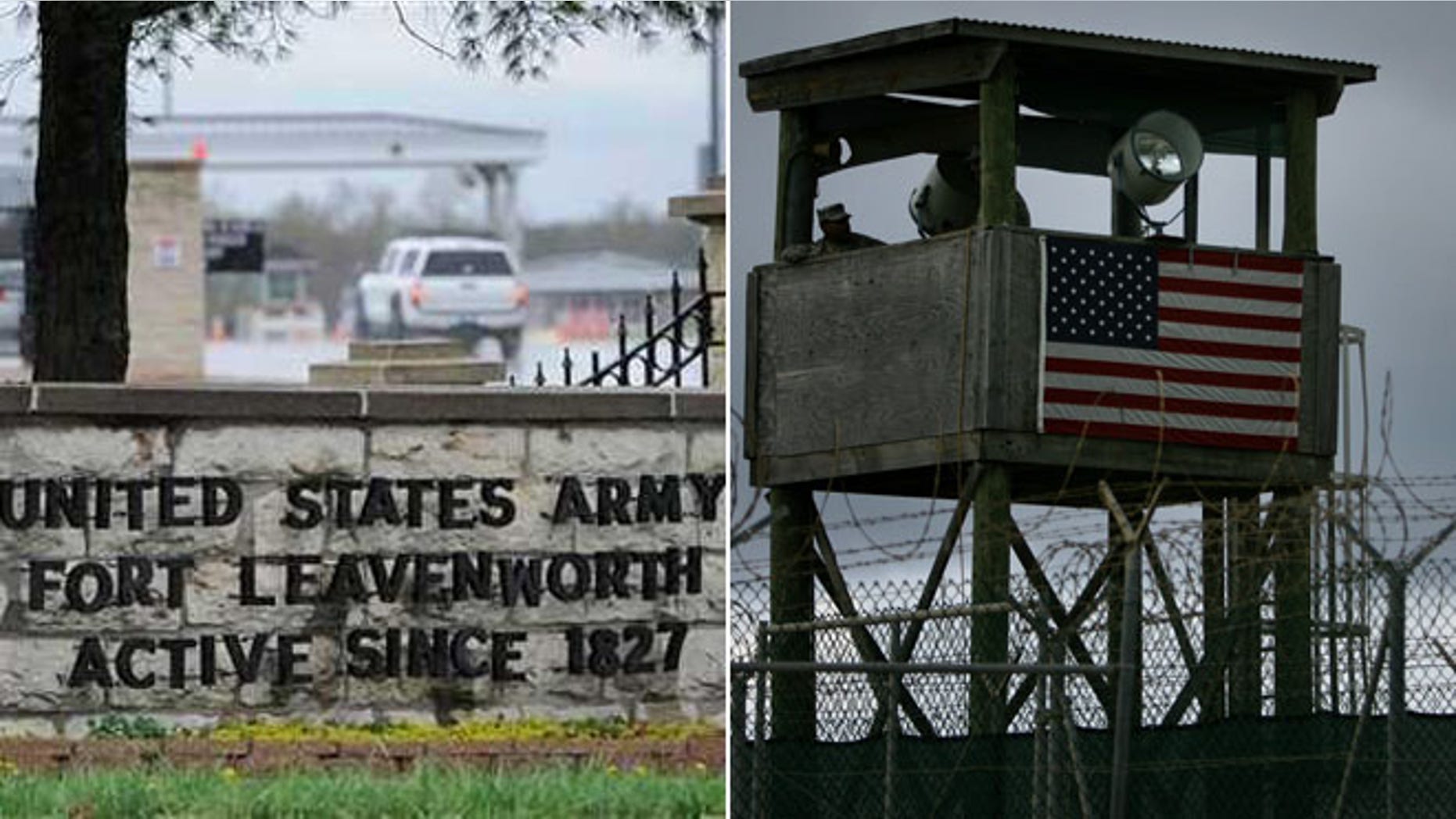 Shown at left, Fort Leavenworth; at right, Guantanamo Bay. (AP)