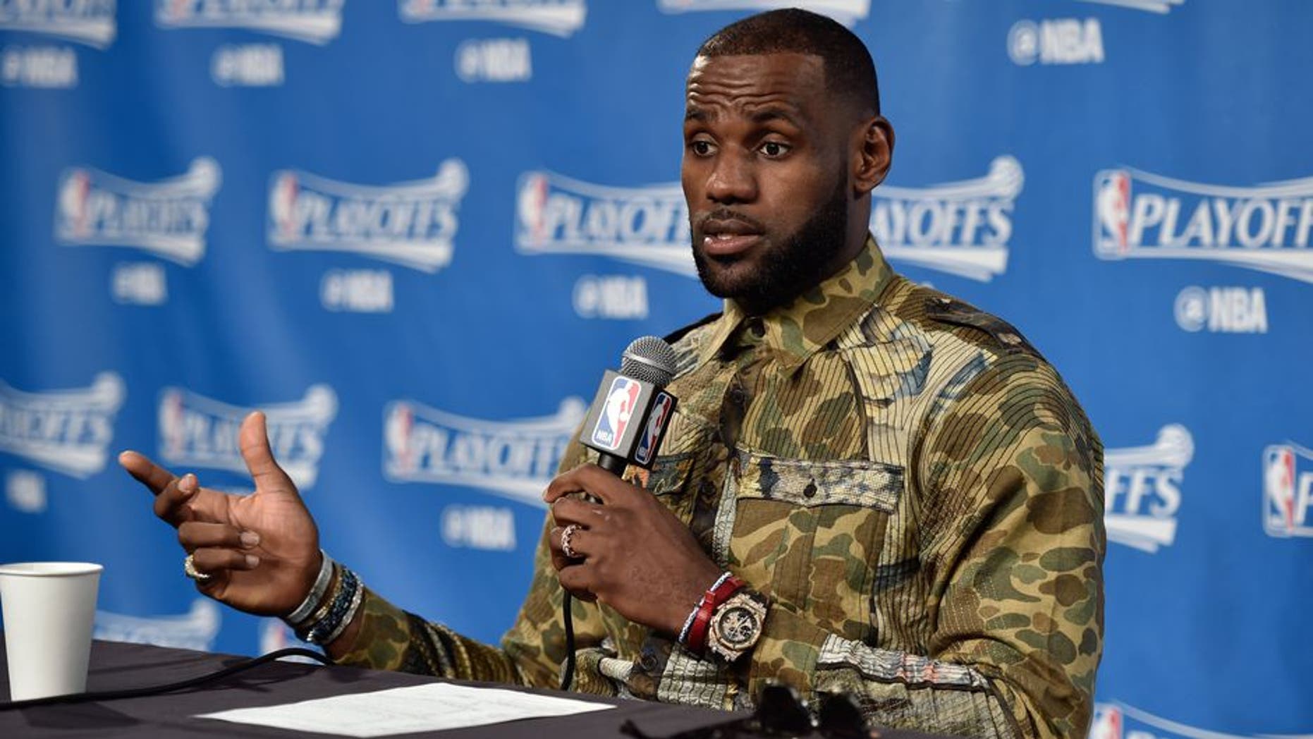 CLEVELAND, OH - MAY 1: LeBron James #23 of the Cleveland Cavaliers talks to the media during a press conference after Game One of the Eastern Conference Semifinals against the Toronto Raptors during the 2017 NBA Playoffs on May 1, 2017 at Quicken Loans Arena in Cleveland, Ohio. NOTE TO USER: User expressly acknowledges and agrees that, by downloading and/or using this photograph, user is consenting to the terms and conditions of the Getty Images License Agreement. Mandatory Copyright Notice: Copyright 2017 NBAE (Photo by David Liam Kyle/NBAE via Getty Images)