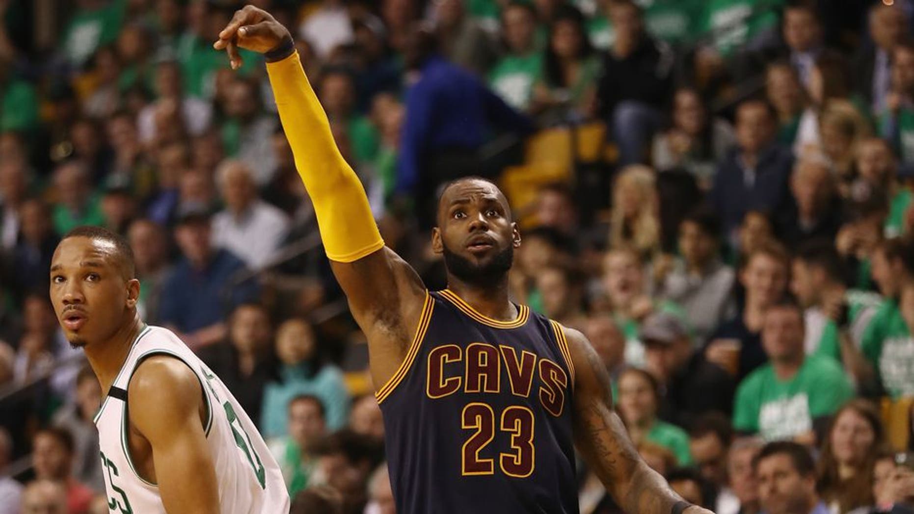 BOSTON, MA - MAY 25: LeBron James #23 of the Cleveland Cavaliers celebrates his three point shot that made him the all time playoff points leader, passing Michael Jordan in the third quarter against the Boston Celtics during Game Five of the 2017 NBA Eastern Conference Finals at TD Garden on May 25, 2017 in Boston, Massachusetts. NOTE TO USER: User expressly acknowledges and agrees that, by downloading and or using this photograph, User is consenting to the terms and conditions of the Getty Images License Agreement. (Photo by Elsa/Getty Images)