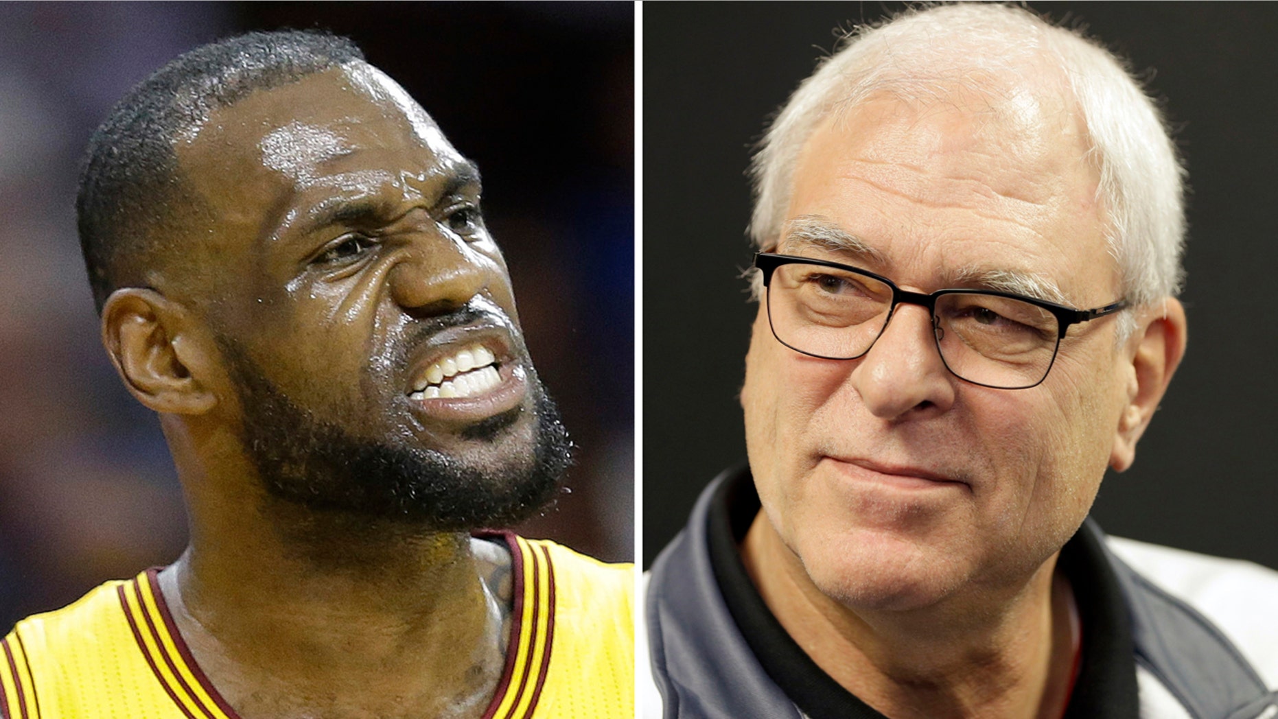 FILE - At left, in a May 12, 2015, file photo, Cleveland Cavaliers forward LeBron James reacts during the first half of Game 5 in a second-round NBA basketball playoff series against the Chicago Bulls, in Cleveland. At right, in a Feb. 8, 2016, file photo, New York Knicks president Phil Jackson speaks to reporters during a news conference in Greenburgh, N.Y.