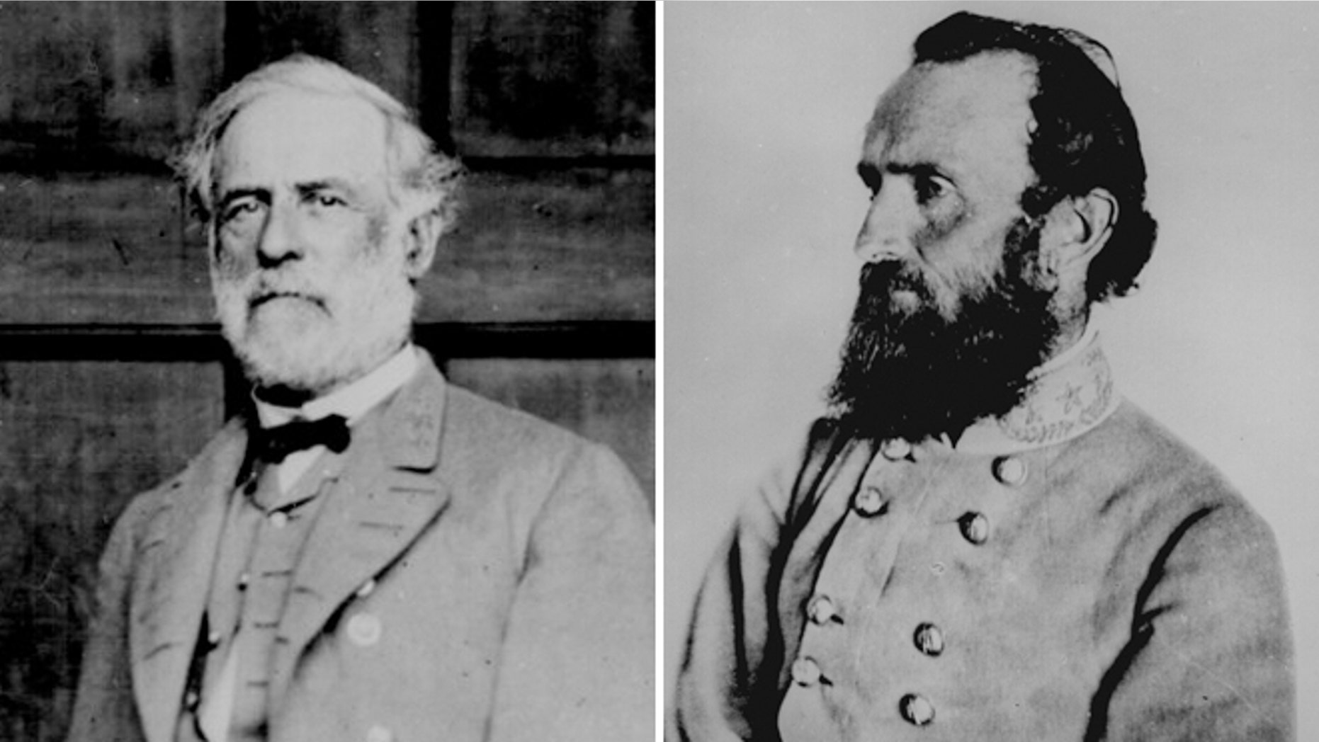 Portraits of Confederate generals Robert E. Lee and Thomas "Stonewall" Jackson.