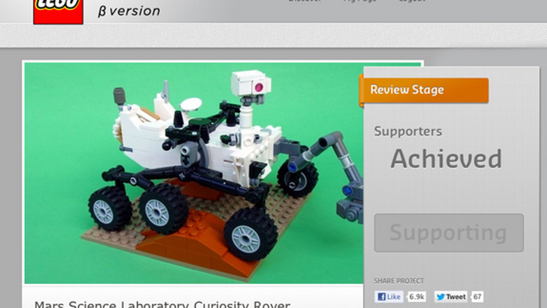The LEGO CUUSOO web page for Stephen Pakbaz's Mars rover Curiosity model reflects it has "Achieved" 10,000 votes.