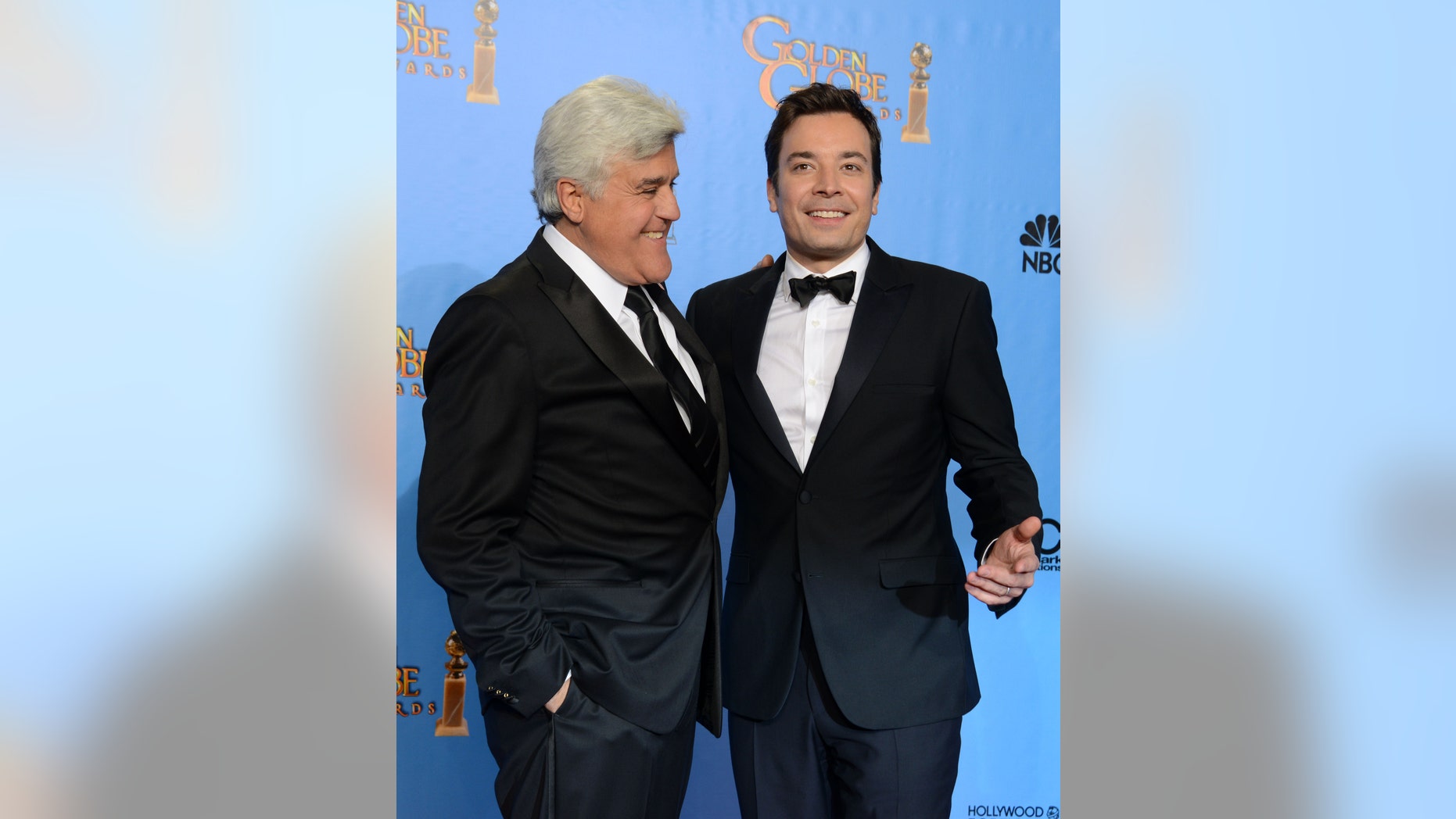January 13, 2013. Jimmy Fallon, left, and Jay Leno posing backstage at the 70th Annual Golden Globe Awards at the Beverly Hilton Hotel in Beverly Hills, Calif.