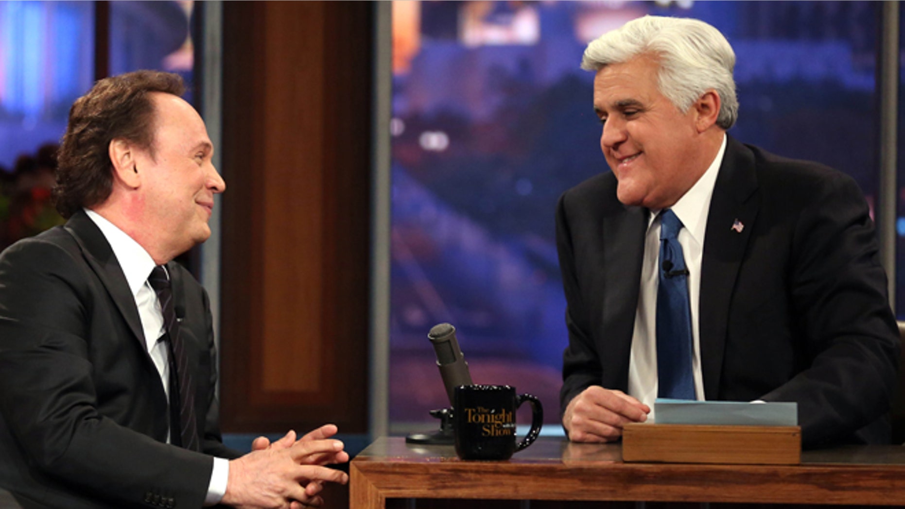 Feb. 6, 2014: Billy Crystal, left, talks to host Jay Leno during the final taping of NBC's The Tonight Show with Jay Leno," in Burbank, Calif.
