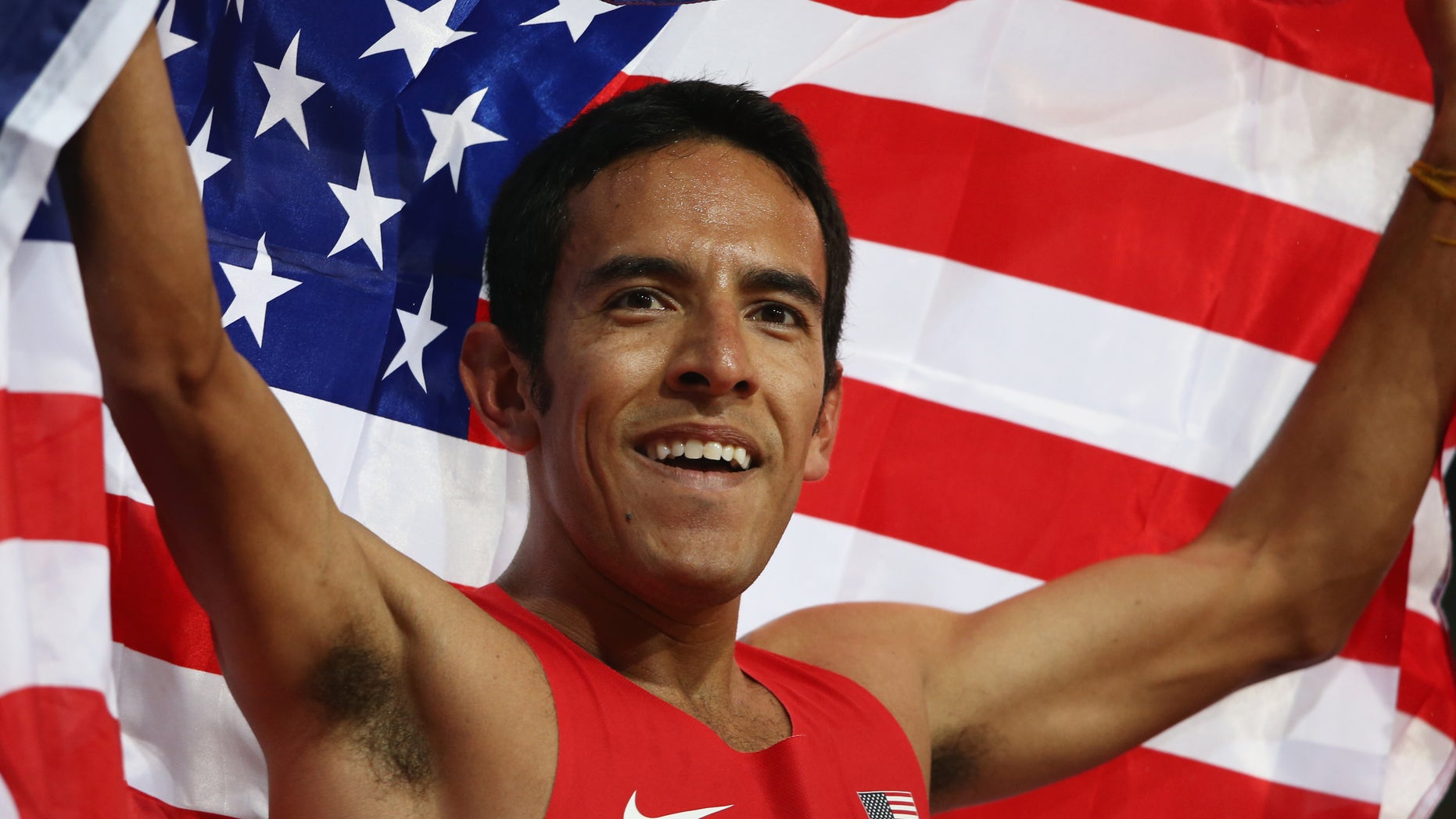 Leonel Manzano celebrates after winning silver in the Men's 1500m Final on Day 11 of the London 2012 Olympic Games at Olympic Stadium.