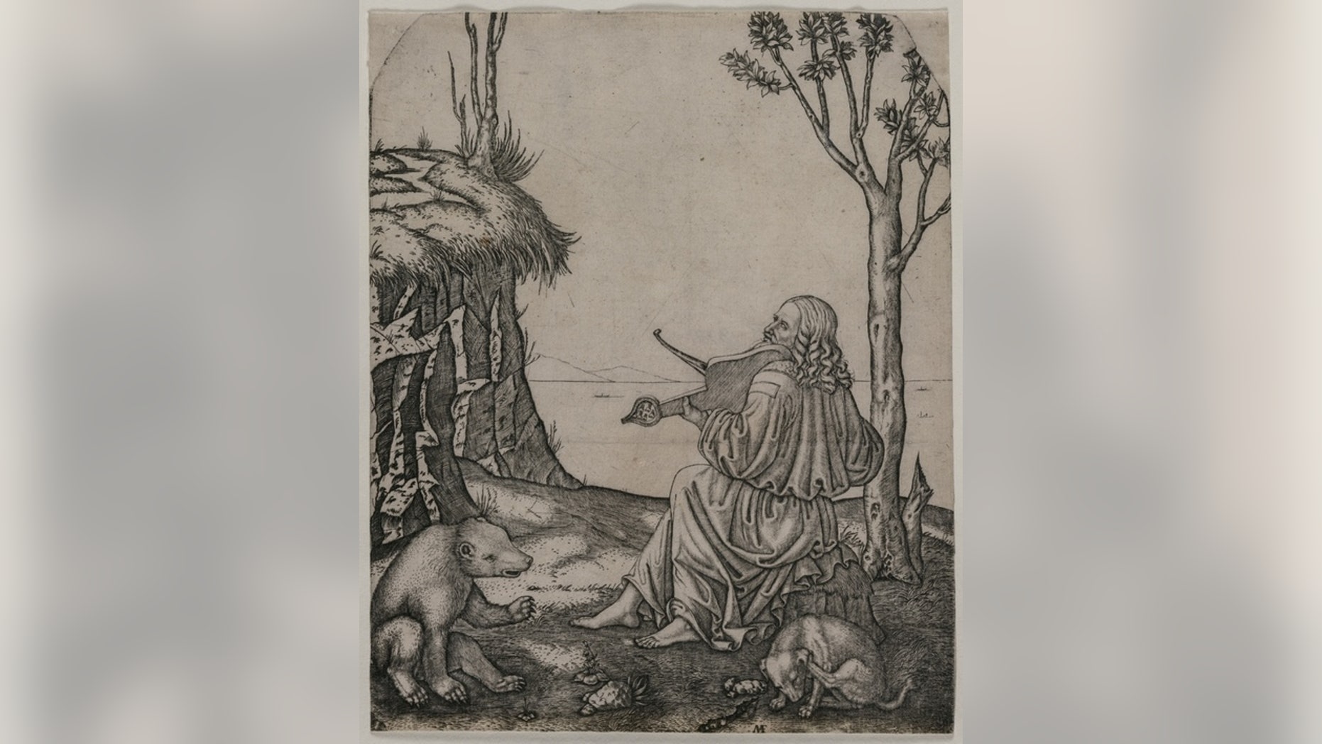 This engraving, created by Marcantonio Raimondi around 1505, may show Leonardo da Vinci playing an instrument called a lira da braccio. The man in the engraving was thought to be Orpheus, a musician in Greek mythology.