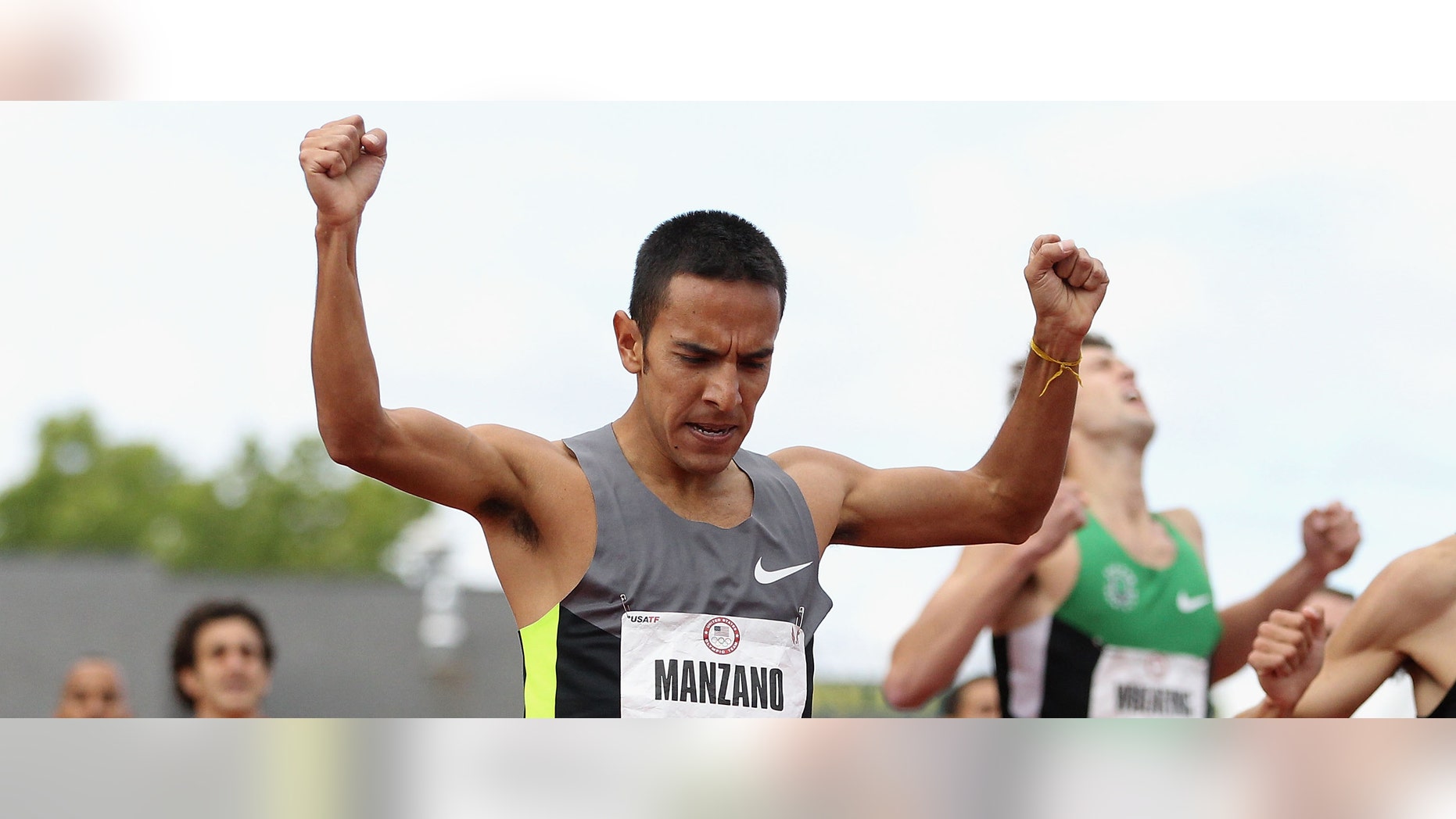 EUGENE, OR - JULY 01: Leonel Manzano celebrates as he crosses the finish line to win the Men's 1500 Meter Run Final on day ten of the U.S. Olympic Track & Field Team Trials at the Hayward Field on July 1, 2012 in Eugene, Oregon. (Photo by Christian Petersen/Getty Images)