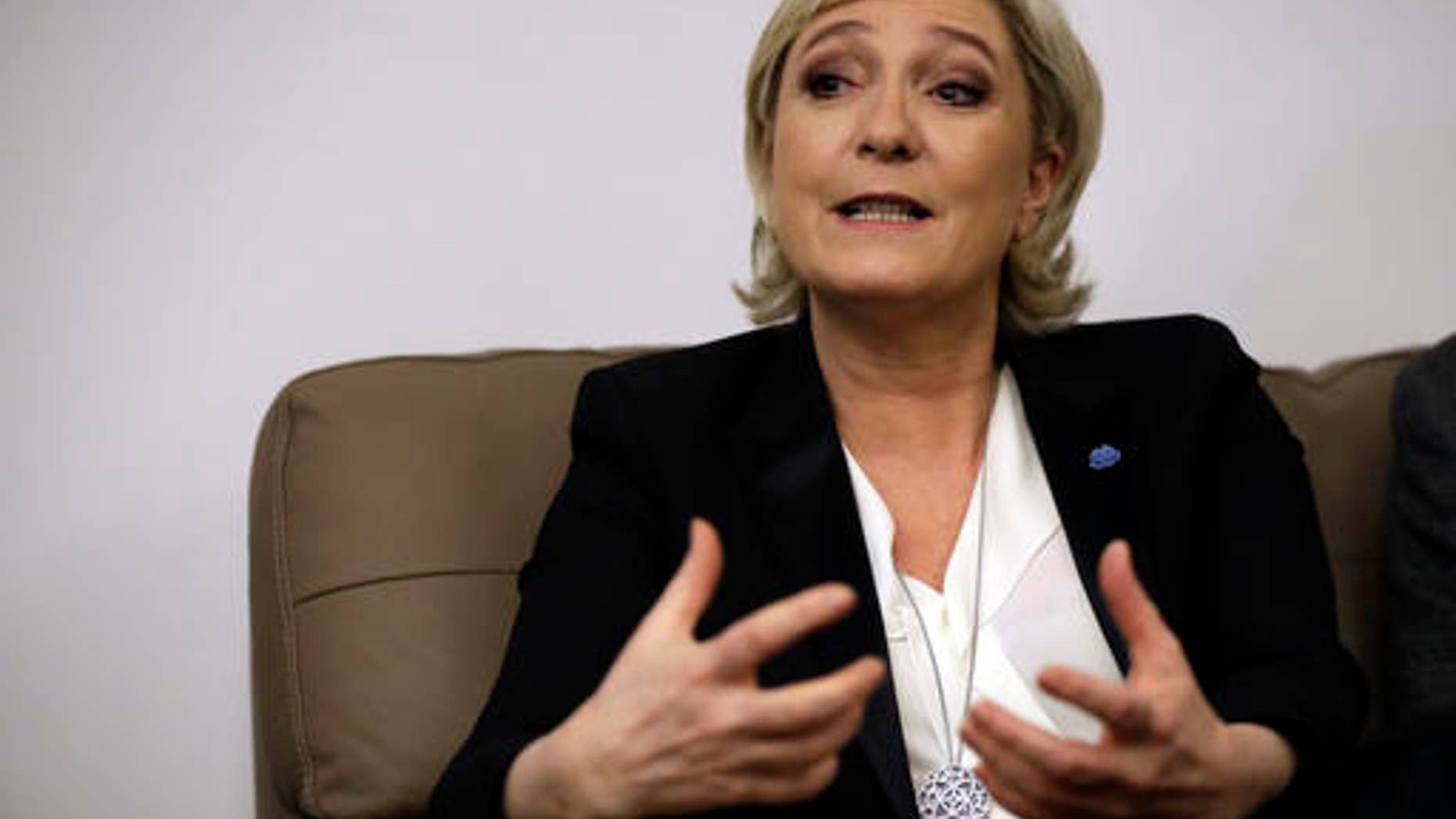 The far-right French leader Marine Le Pen gestures during a talk with Ziad Hawat, mayor of Byblos, Lebanon, during a visit to Beirut on Feb. 19.