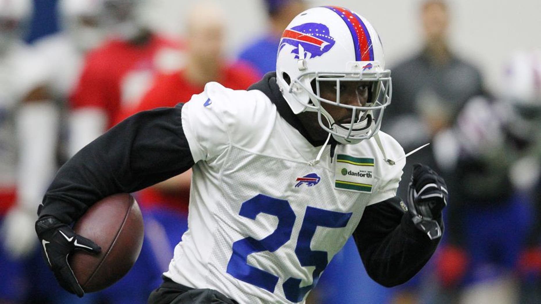 FILE - In this June 16, 2015, file photo, Buffalo Bills running back LeSean McCoy (25) takes part in drills during an NFL football minicamp in Orchard Park, N.Y. (AP Photo/Bill Wippert, File)