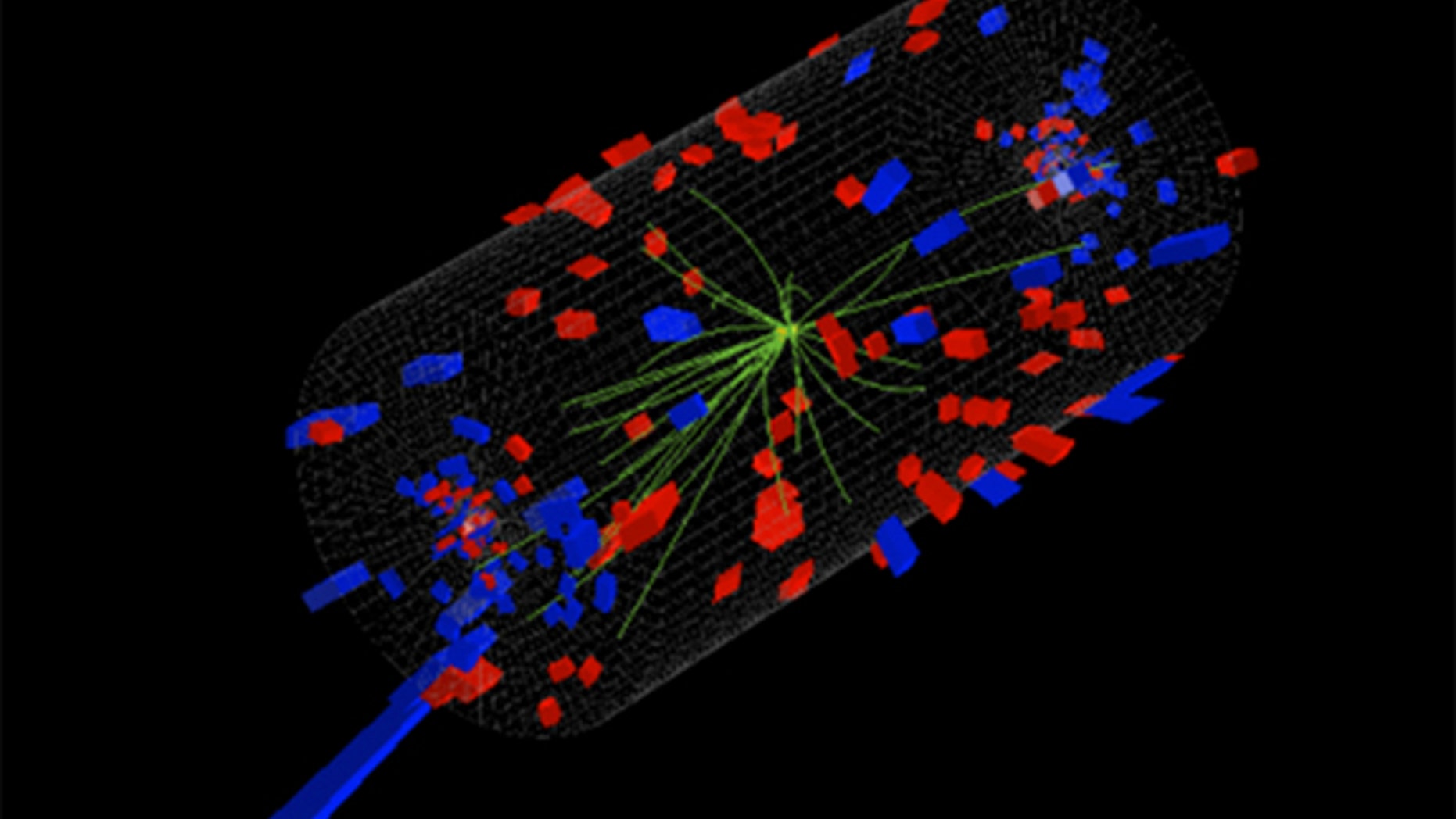 A proton collides with a lead nucleus, sending a shower of particles through the CMS detector.