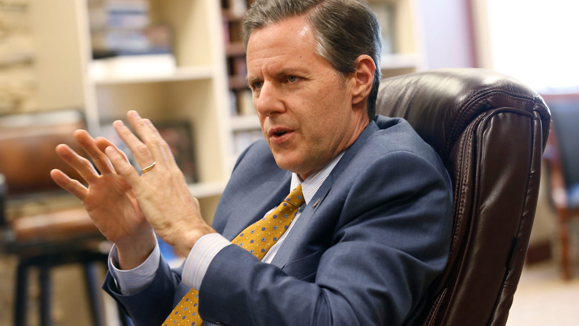 April 21, 2015 – File photo of Liberty University president, Jerry Falwell Jr. at the school in Lynchburg, Va. Falwell urged his Christian college community to arm itself against a possible attack by a would-be mass killer. Falwell made the suggestion at a gathering of 10,000 on the Lynchburg campus on Dec. 4. (AP)