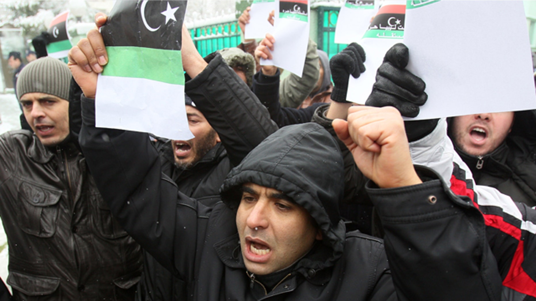 Feb. 22, 2011: A Libyan citizens in Serbia protest against Moammar Gadhafi in front of the embassy in Belgrade, Serbia. About 30 Libyans gathered at the protest against Gadhafi's crackdown on peaceful protesters in Libya.