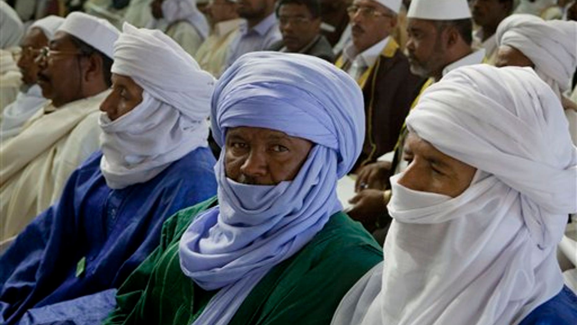 May 5: In this photo taken on a government organized tour, tribal leaders attend a convention in a tent in Tripoli, Libya. The Libyan government says a gathering of tribal chiefs in the capital of Tripoli is a sign of widespread support for Muammar al-Qaddafi. (AP)