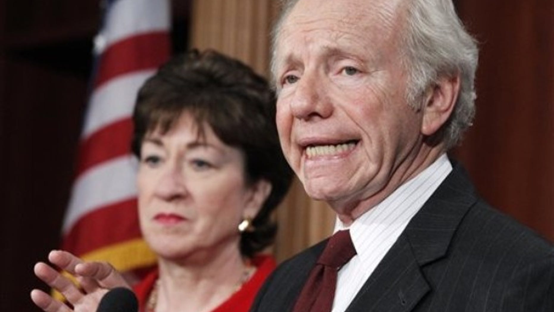 Senate Homeland Security and Governmental Affairs Committee Chairman Sen. Joseph Lieberman, I-Conn. , right, accompanied by the committee's ranking Republican Sen. Susan Collins, R-Maine, speaks during a news conference on the release of GAO report on northern border security, Tuesday, Feb. 1, 2011, on Capitol Hill in Washington. (AP)