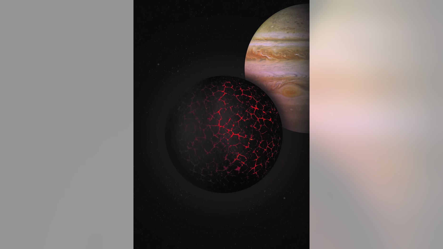 This artist's depiction illustrates the early solidification and formation of the primordial crust on Mars, with Jupiter seen in the background (not to scale, obviously). Credit: Institut de Physique du Globe de Paris
