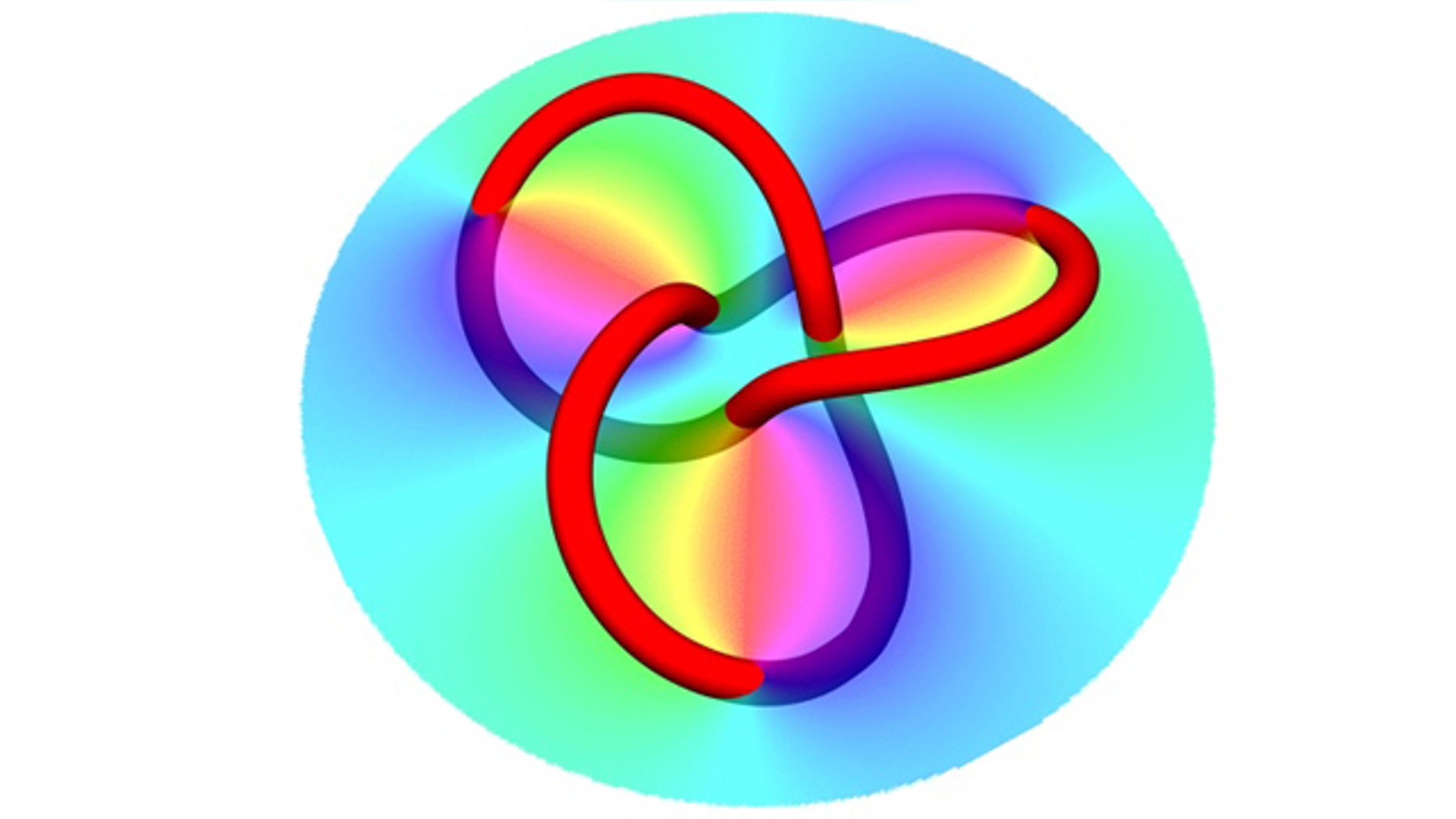 By reflecting a laser beam from a specially designed hologram (shown here as the colored circle), physicists created knots of dark filaments (represented by the colored knot).