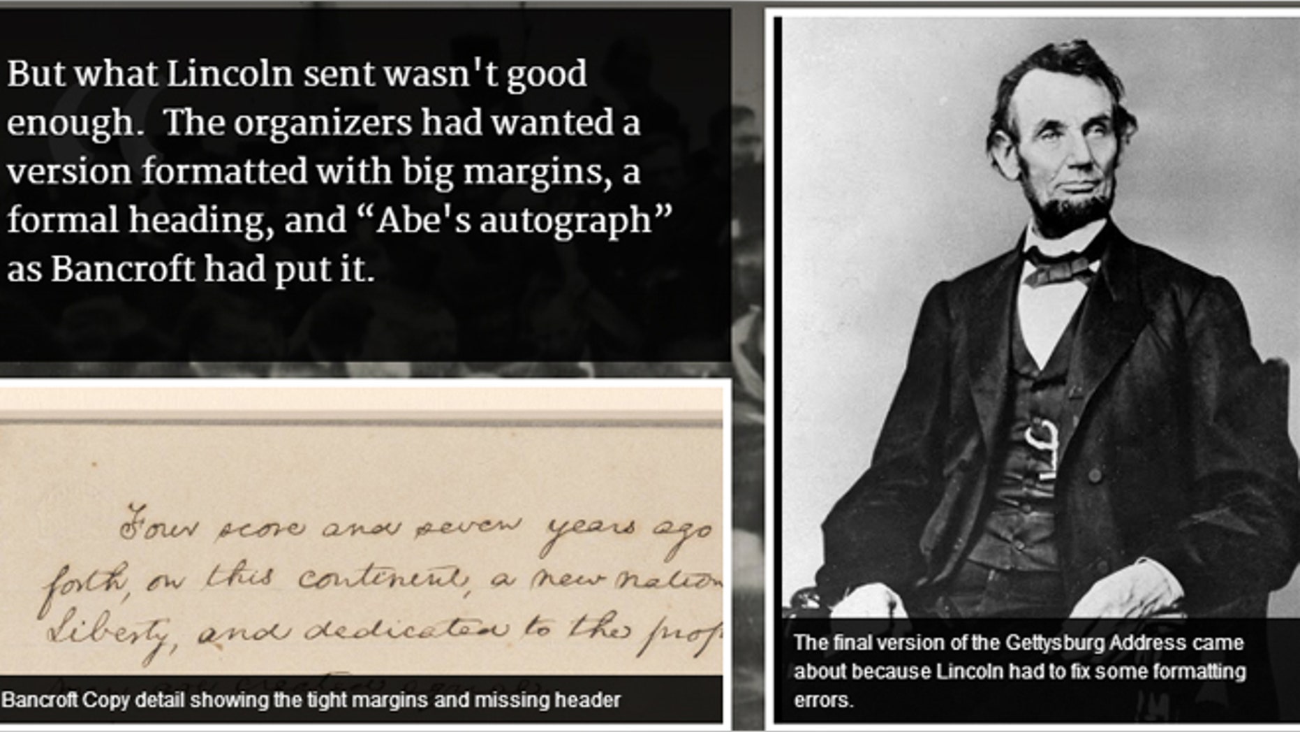 A screenshot of one of the virtual exhibits presented by the Google Cultural Institute on President Lincoln's Gettysburg Address.
